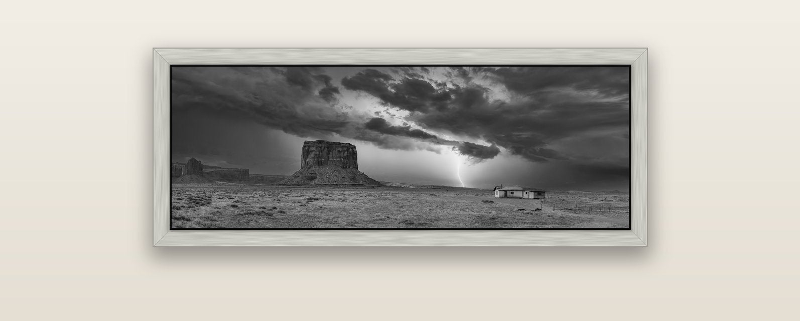 Thunderstrike, Navajo's Monument Storm — silver float frame canvas, 102 × 36 cm. New Zealand fine art landscape wall art by Stephen Milner.