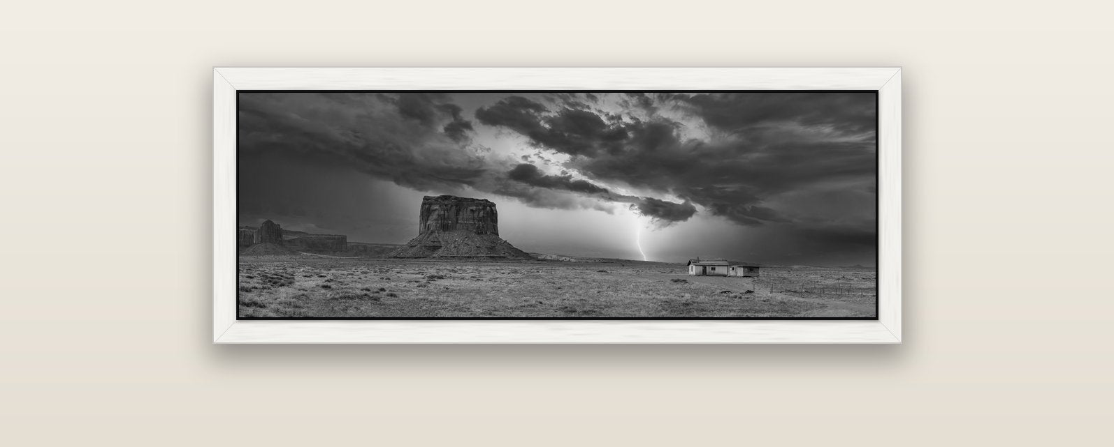 Thunderstrike, Navajo's Monument Storm — white float frame canvas, 102 × 36 cm. New Zealand fine art landscape wall art by Stephen Milner.