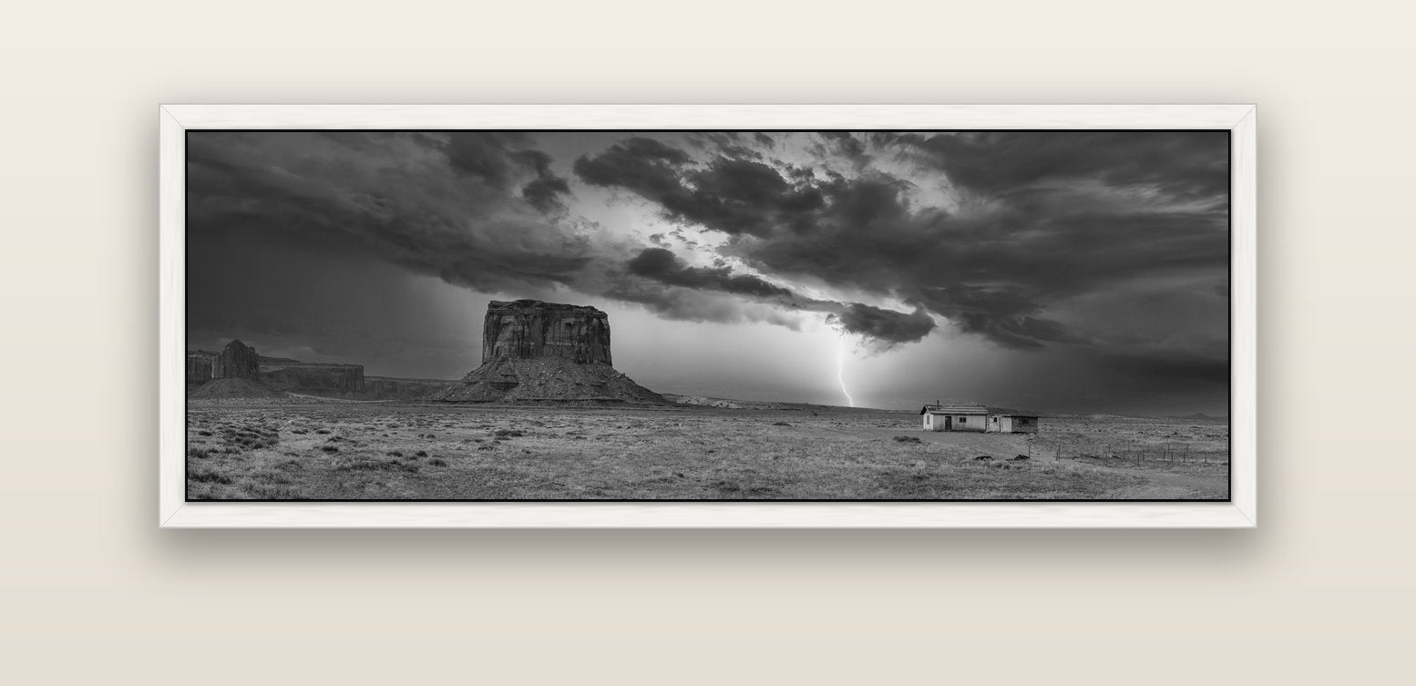 Thunderstrike, Navajo's Monument Storm — white float frame canvas, 152 × 56 cm. New Zealand fine art landscape wall art by Stephen Milner.