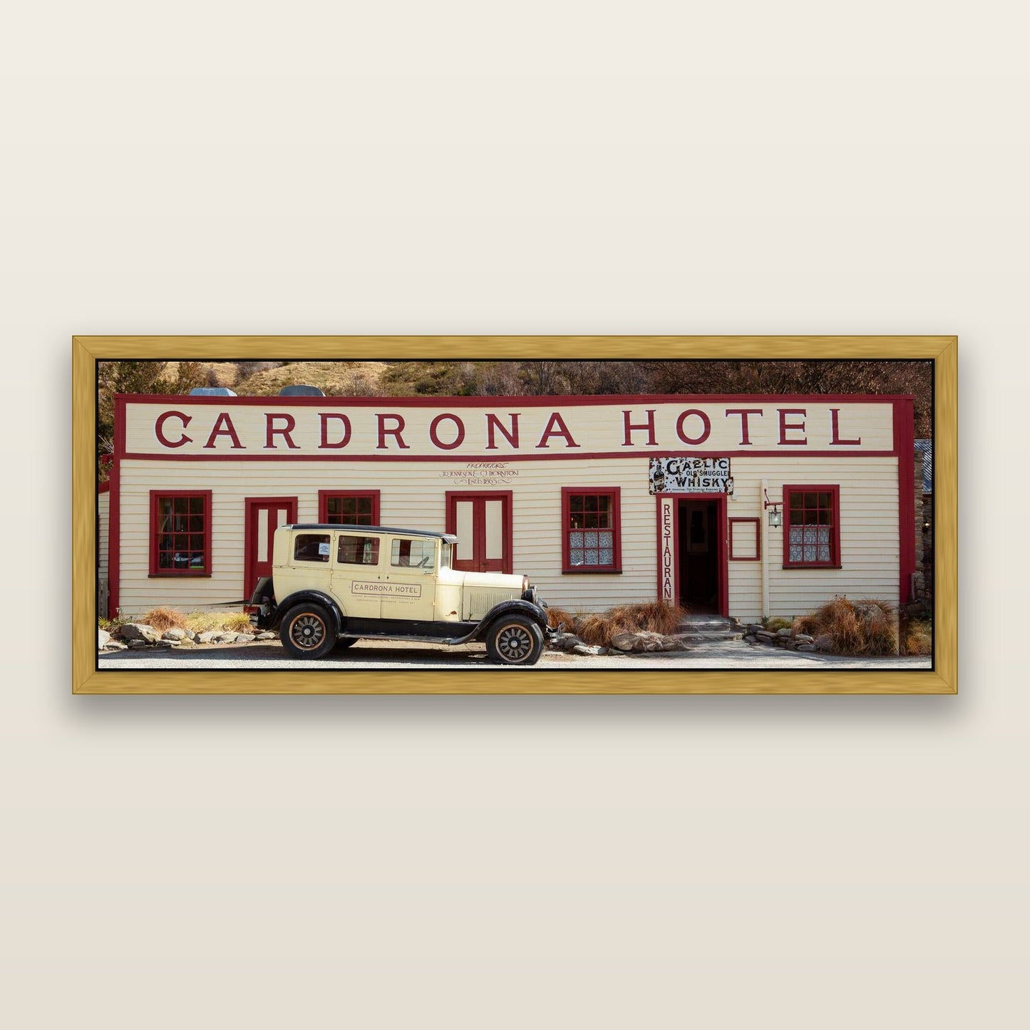 Timeless Echoes, Cardrona's Legacy — framed metallic canvas print, Antique Gold frame. New Zealand fine art landscape wall art by Stephen Milner.