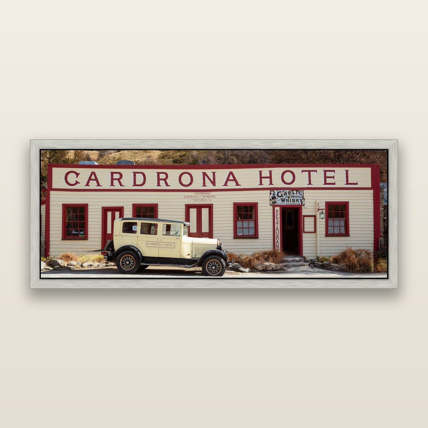 Timeless Echoes, Cardrona's Legacy — framed metallic canvas print, Antique Silver frame. New Zealand fine art landscape wall art by Stephen Milner.