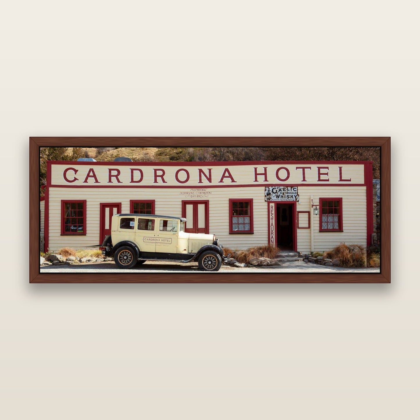 Timeless Echoes, Cardrona's Legacy — framed metallic canvas print, Brown frame. New Zealand fine art landscape wall art by Stephen Milner.