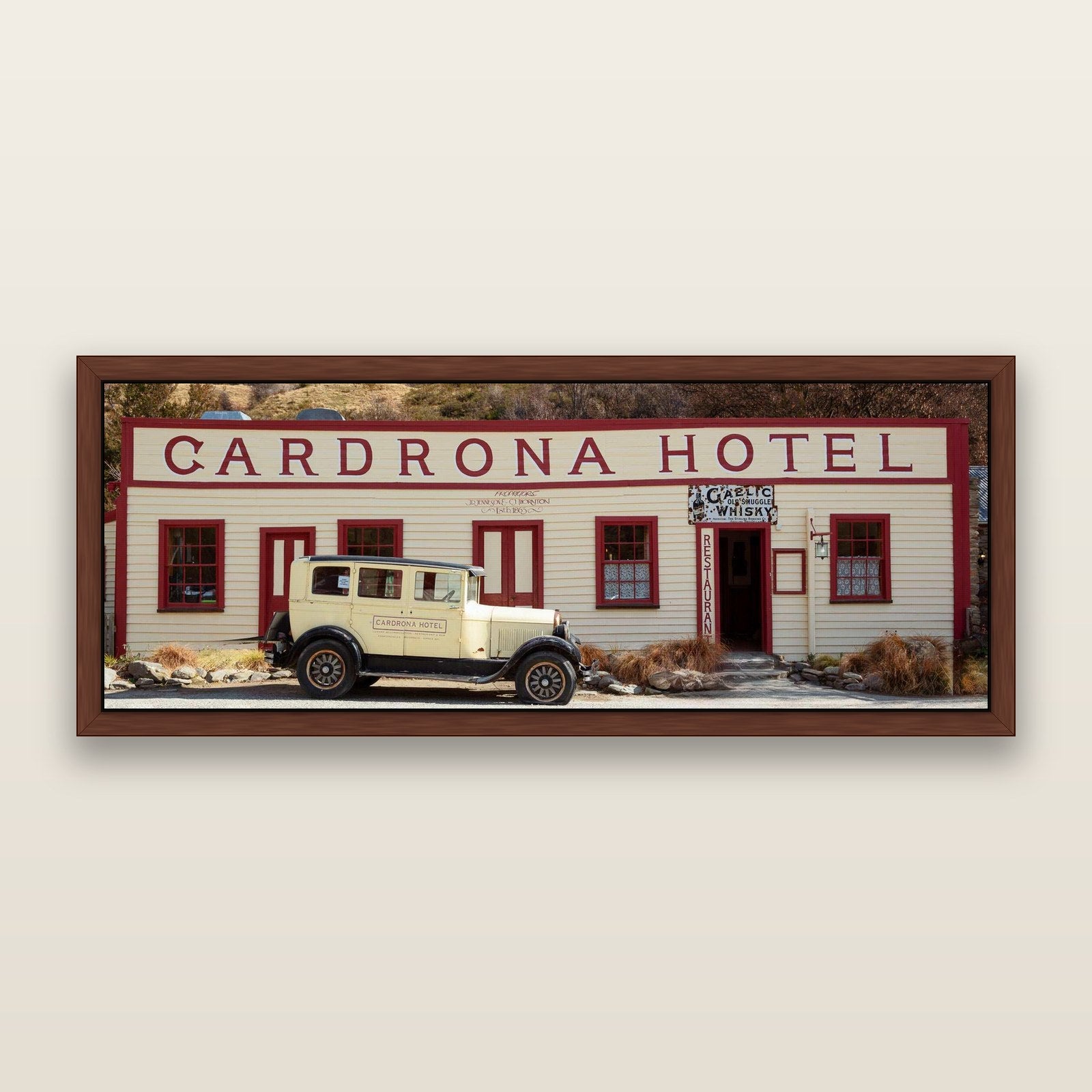 Timeless Echoes, Cardrona's Legacy — framed metallic canvas print, Brown frame. New Zealand fine art landscape wall art by Stephen Milner.