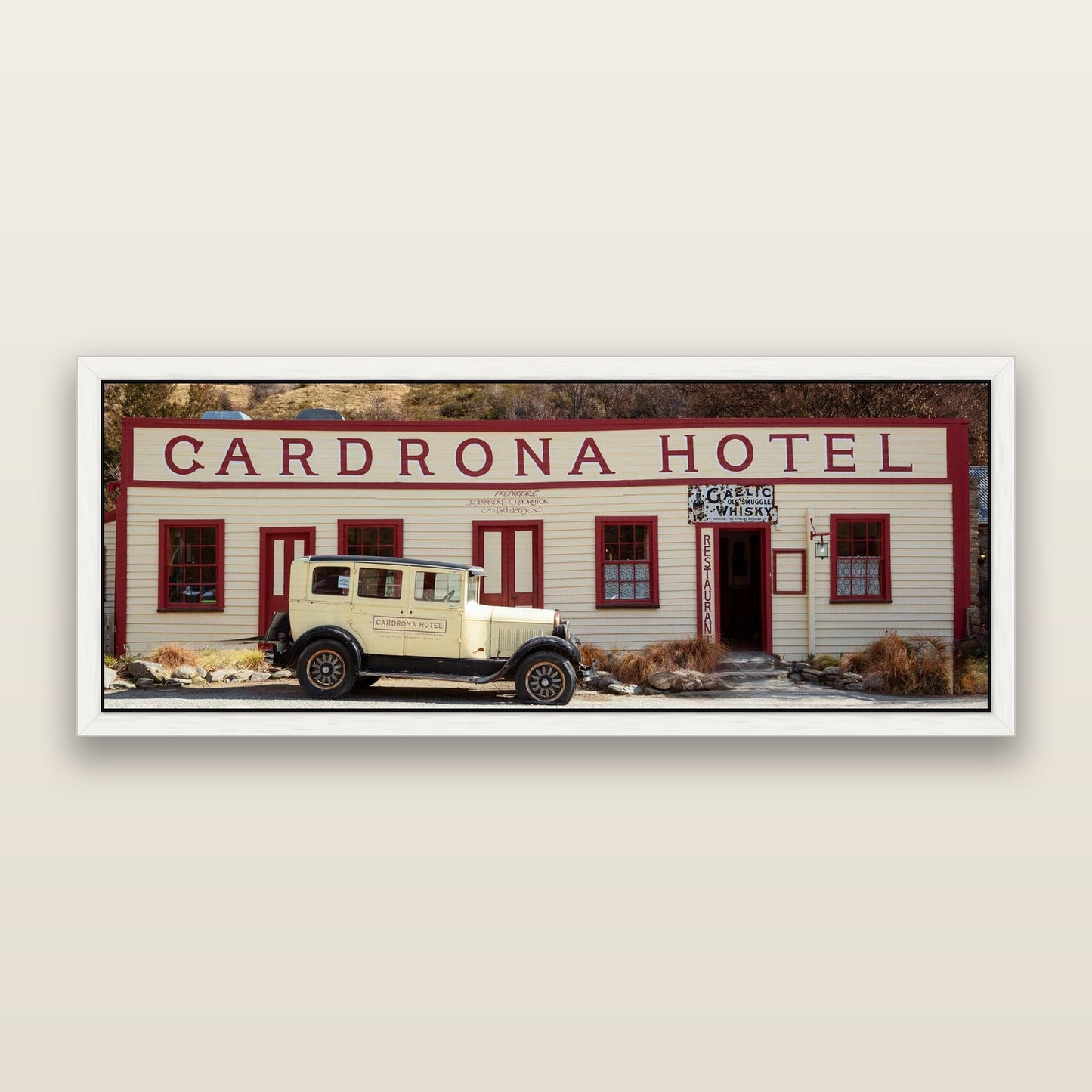 Timeless Echoes, Cardrona's Legacy — framed metallic canvas print, White frame. New Zealand fine art landscape wall art by Stephen Milner.