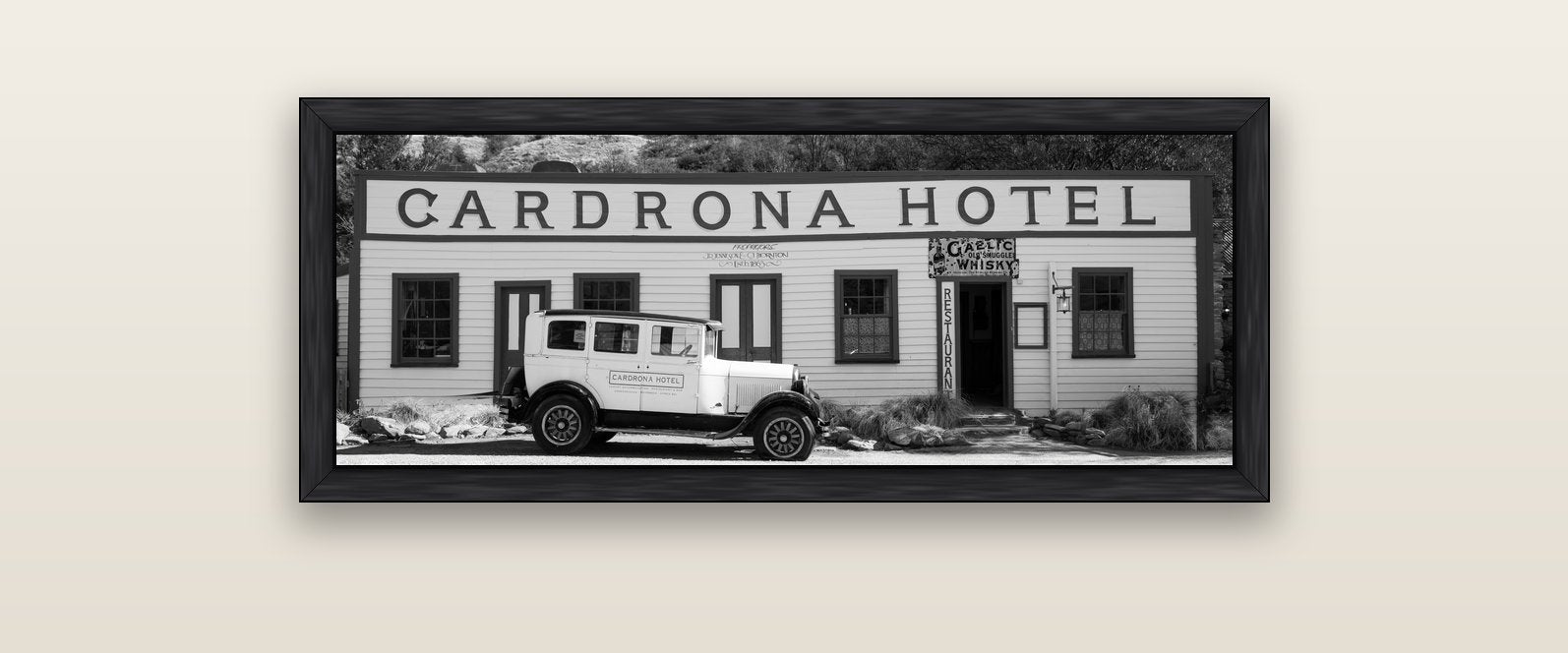 Timeless Echoes, Cardrona's Legacy — black float frame canvas, 102 × 36 cm. New Zealand fine art landscape wall art by Stephen Milner.