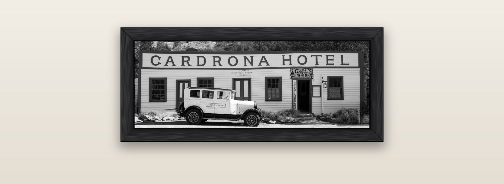 Timeless Echoes, Cardrona's Legacy — black float frame canvas, 71 × 25 cm. New Zealand fine art landscape wall art by Stephen Milner.