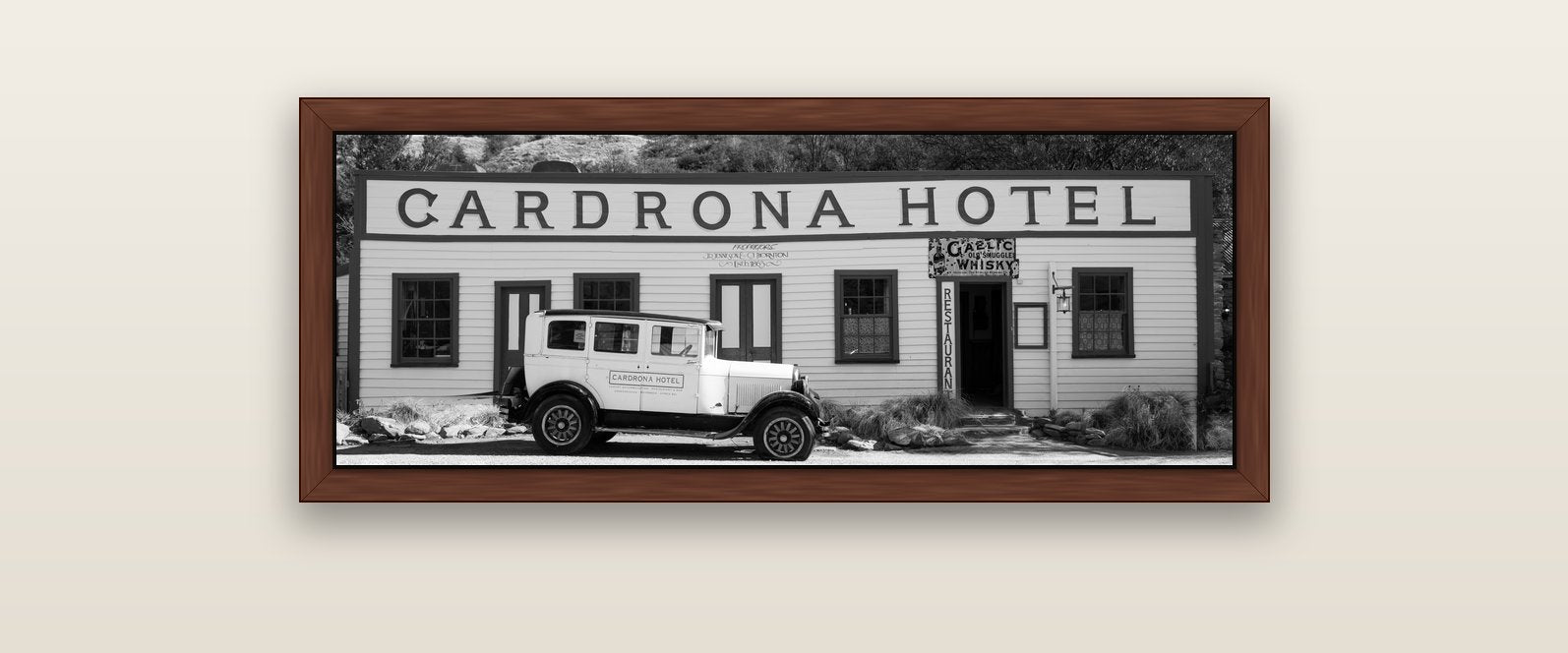 Timeless Echoes, Cardrona's Legacy — brown float frame canvas, 102 × 36 cm. New Zealand fine art landscape wall art by Stephen Milner.