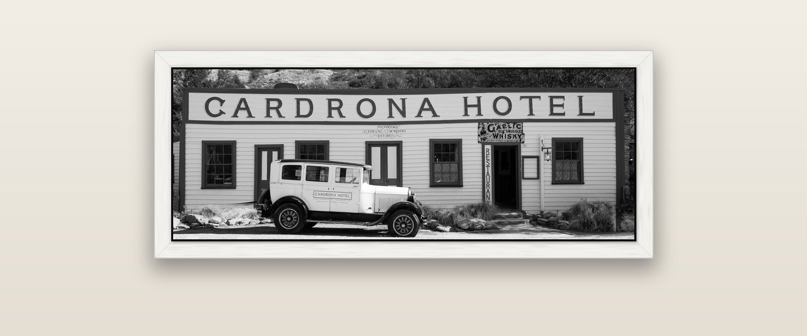 Timeless Echoes, Cardrona's Legacy — white float frame canvas, 102 × 36 cm. New Zealand fine art landscape wall art by Stephen Milner.