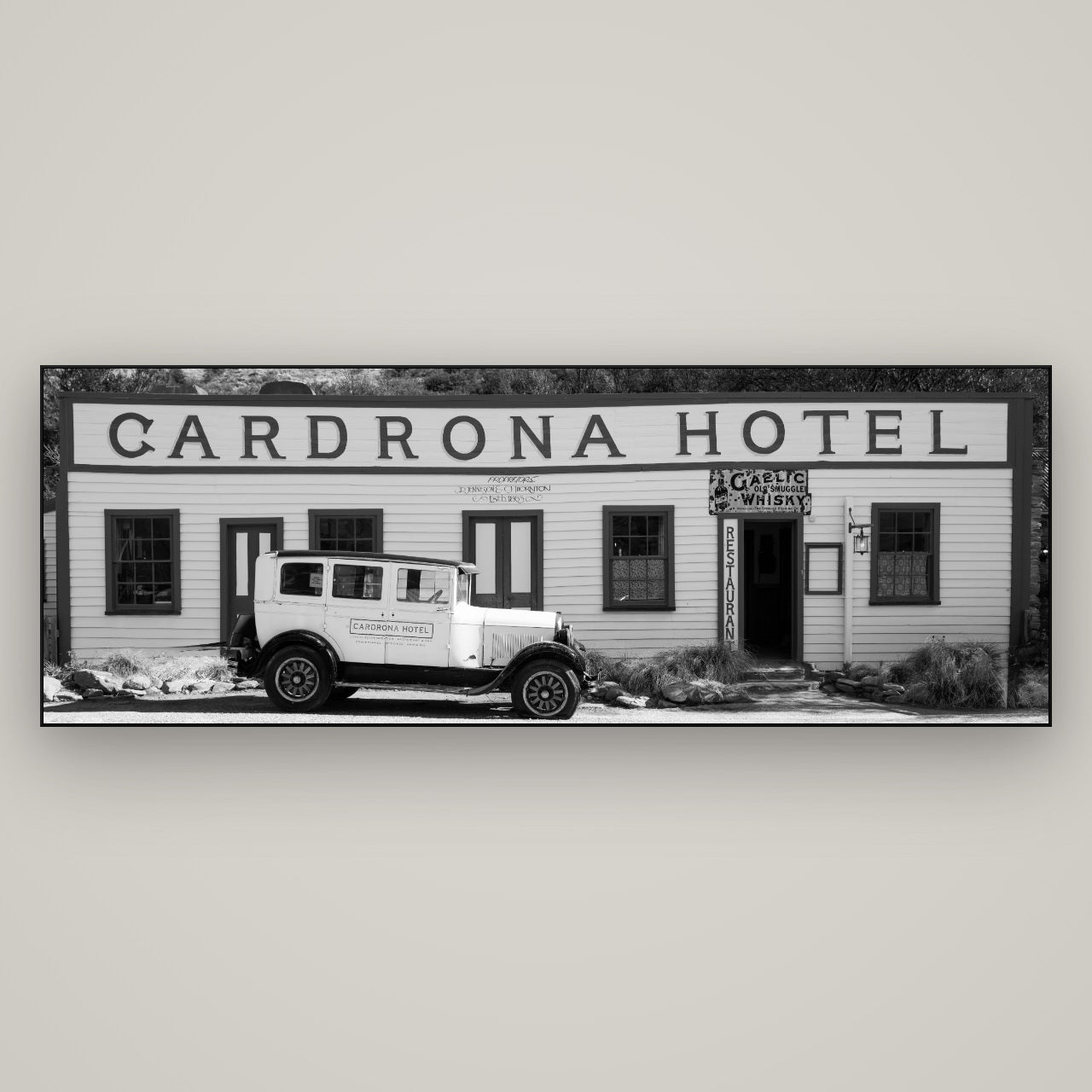 Timeless Echoes, Cardrona's Legacy — Slimline Black, 198×70 cm. New Zealand fine art wall art by Stephen Milner.