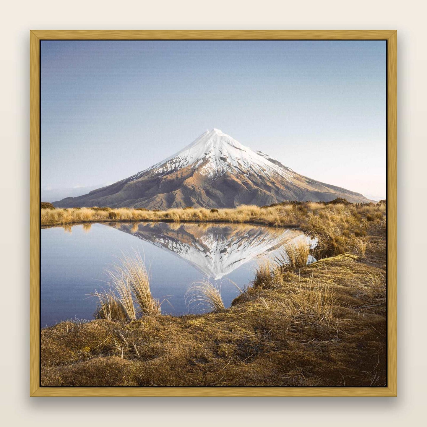 To a Point, Mount Taranaki — framed metallic canvas print, Antique Gold frame. New Zealand fine art landscape wall art by Stephen Milner.