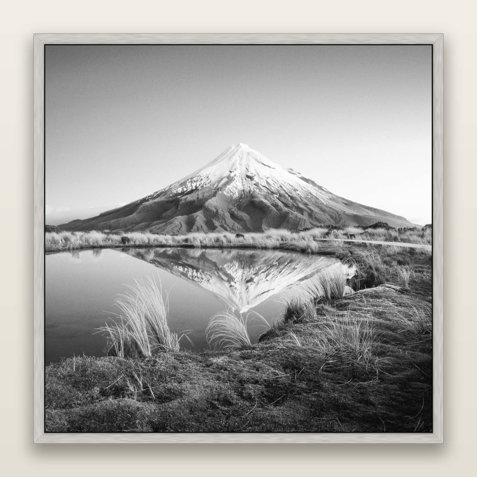 To a Point, Mount Taranaki, black and white framed metallic canvas print, Antique Silver frame. New Zealand fine art wall art by Stephen Milner.