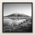 To a Point, Mount Taranaki, black and white framed metallic canvas print, Black frame. New Zealand fine art wall art by Stephen Milner.