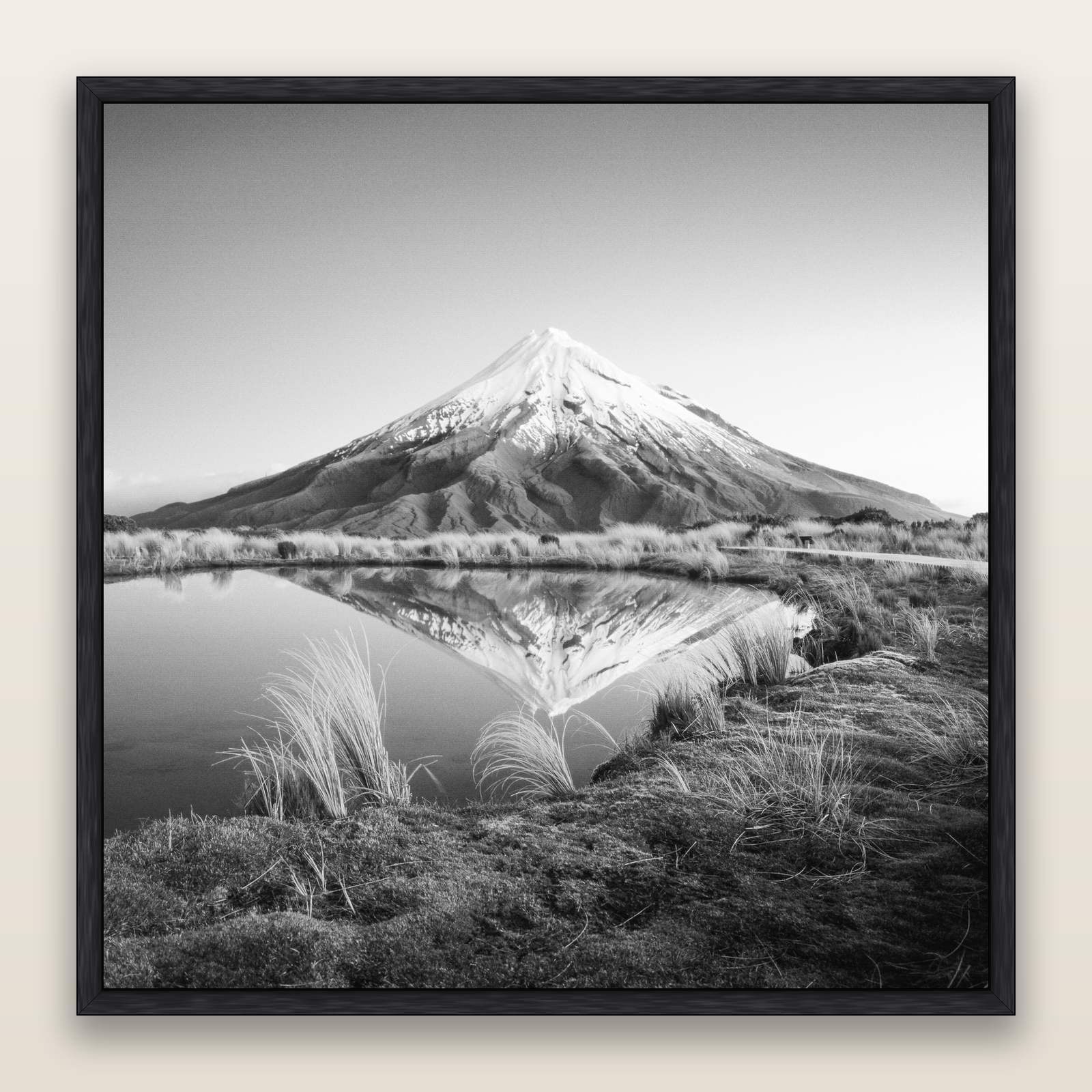 To a Point, Mount Taranaki, black and white framed metallic canvas print, Black frame. New Zealand fine art wall art by Stephen Milner.