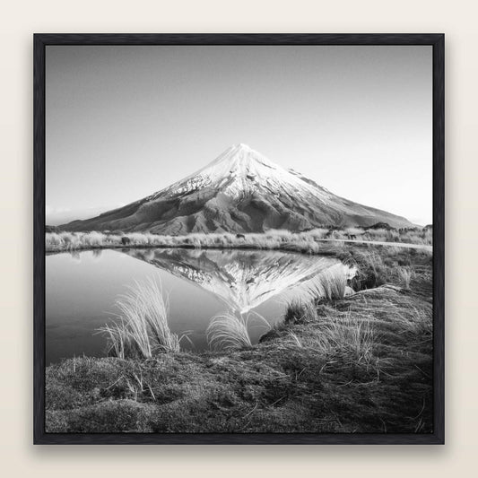 To a Point, Mount Taranaki, black and white framed metallic canvas print, Black frame. New Zealand fine art wall art by Stephen Milner.