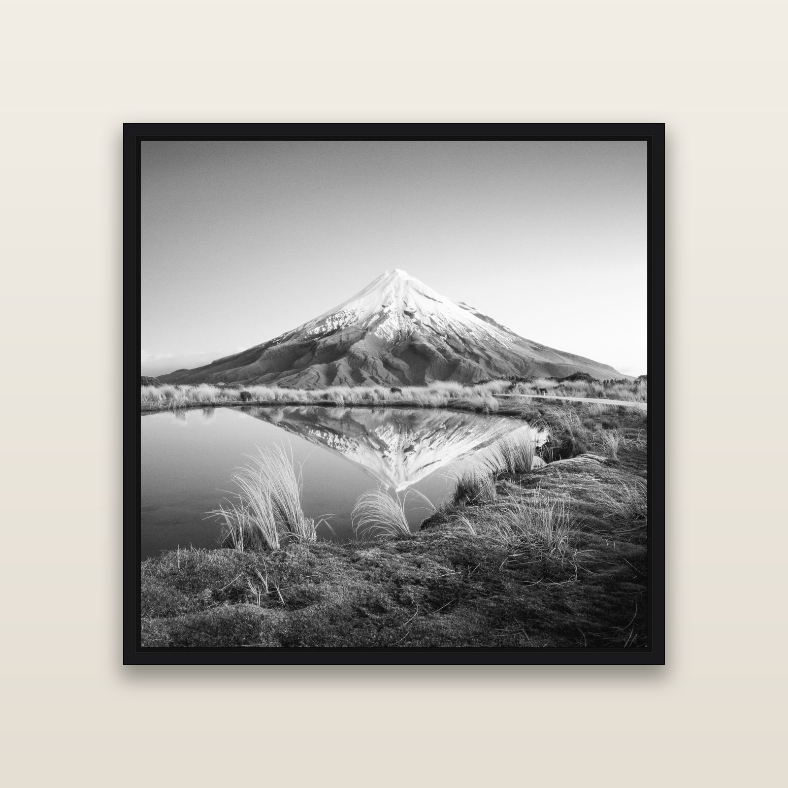 To a Point, Mount Taranaki — Black framed metallic canvas print, small 41 × 41 cm. New Zealand fine art landscape wall art by Stephen Milner.