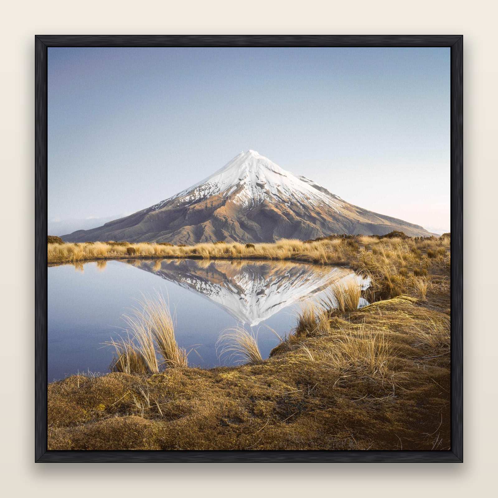 To a Point, Mount Taranaki — framed metallic canvas print, Black frame. New Zealand fine art landscape wall art by Stephen Milner.