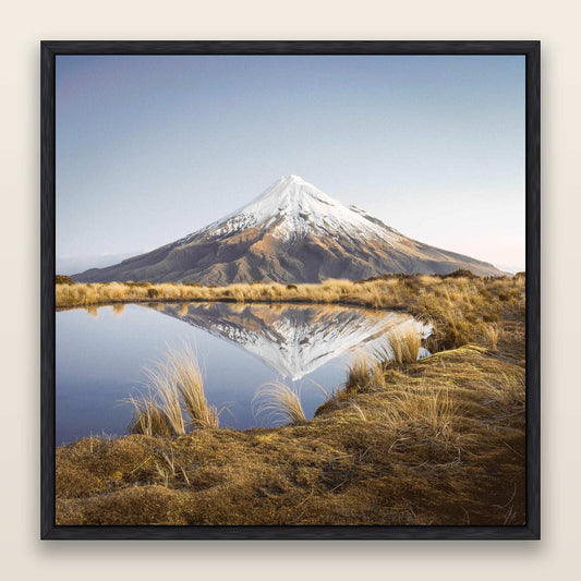 To a Point, Mount Taranaki — framed metallic canvas print, Black frame. New Zealand fine art landscape wall art by Stephen Milner.