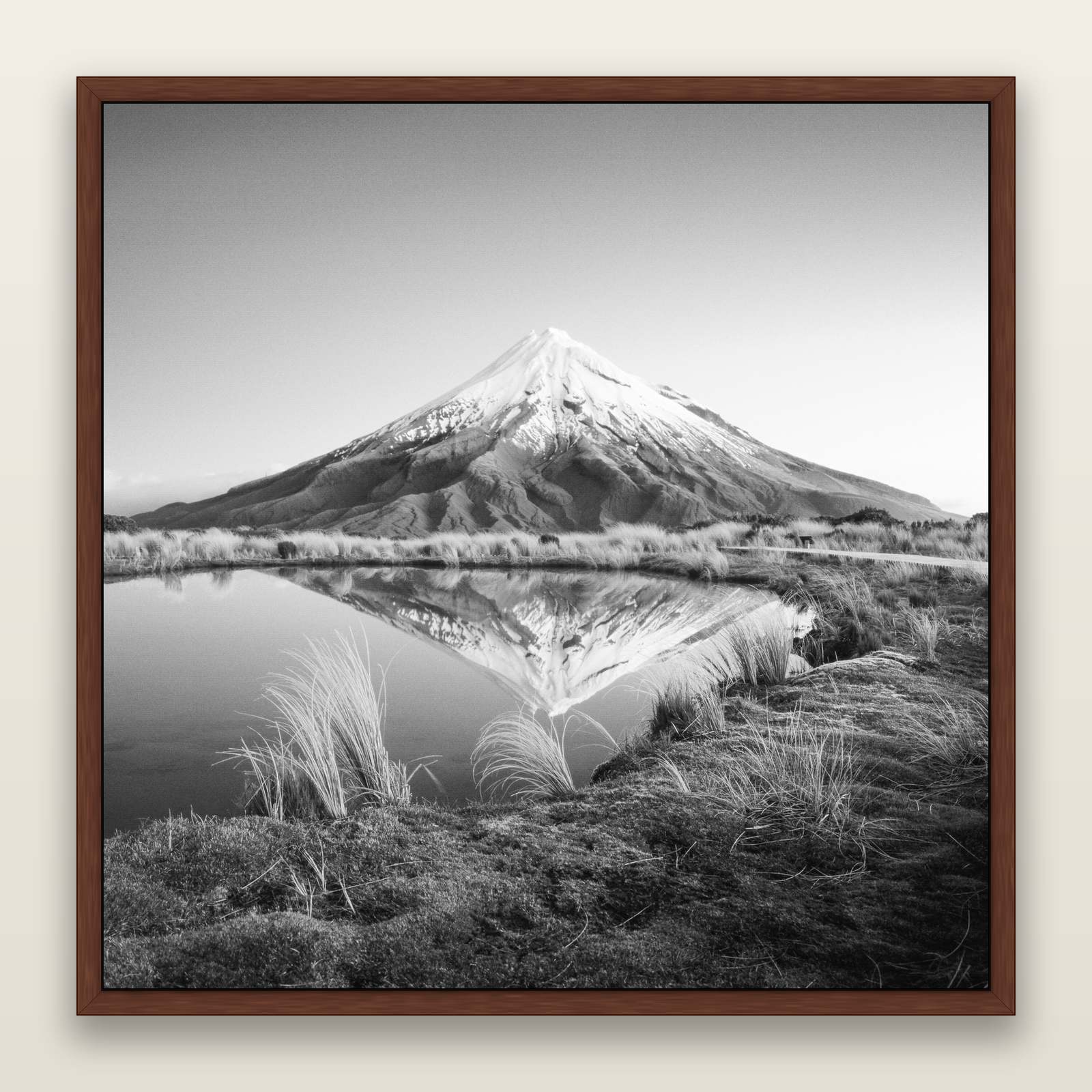 To a Point, Mount Taranaki, black and white framed metallic canvas print, Brown frame. New Zealand fine art wall art by Stephen Milner.