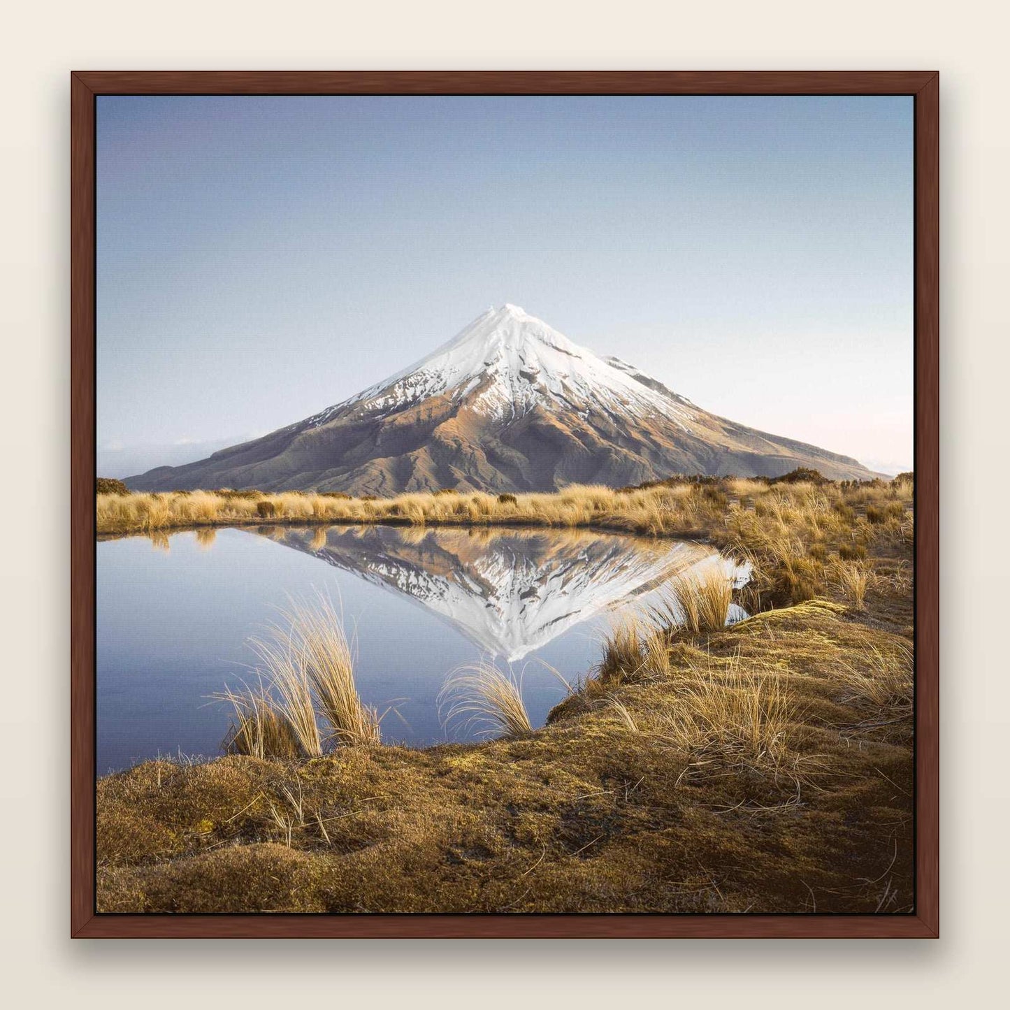 To a Point, Mount Taranaki — framed metallic canvas print, Brown frame. New Zealand fine art landscape wall art by Stephen Milner.