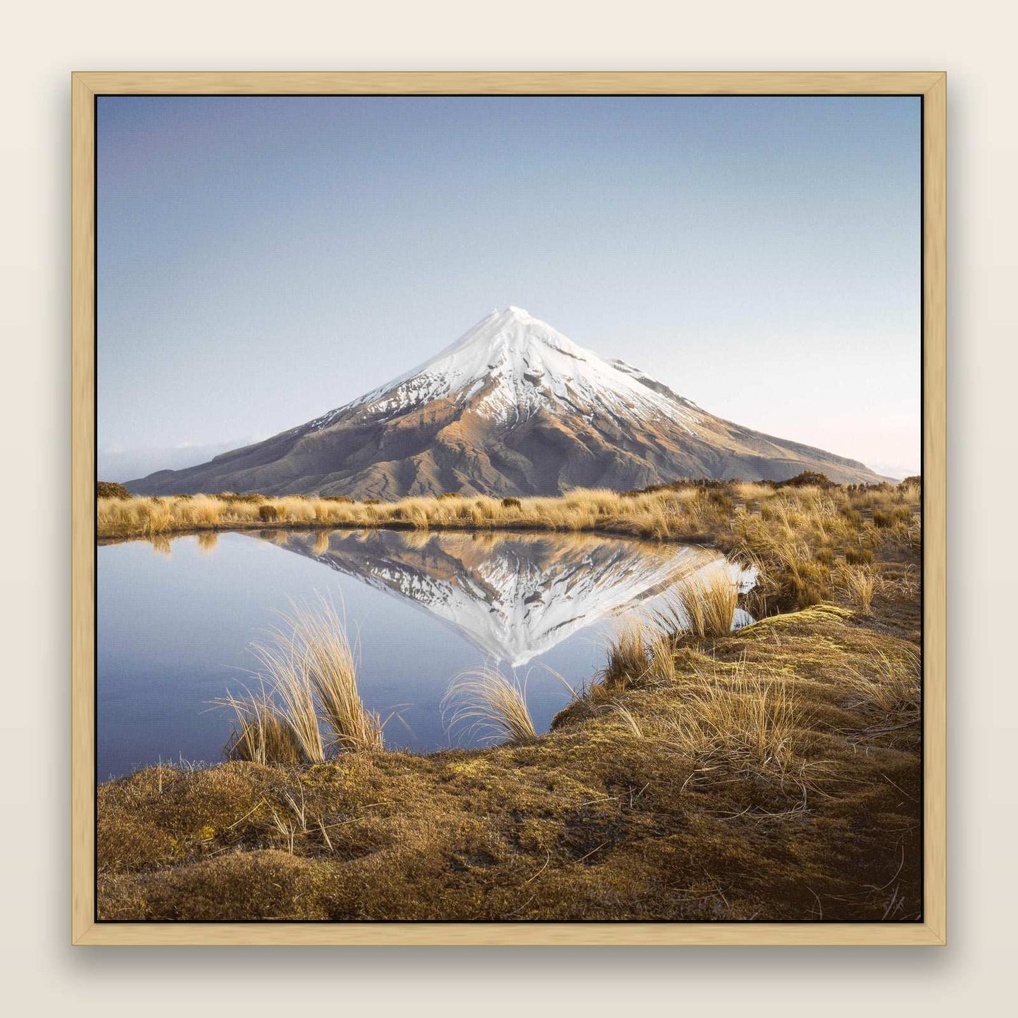 To a Point, Mount Taranaki — framed metallic canvas print, Natural frame. New Zealand fine art landscape wall art by Stephen Milner.
