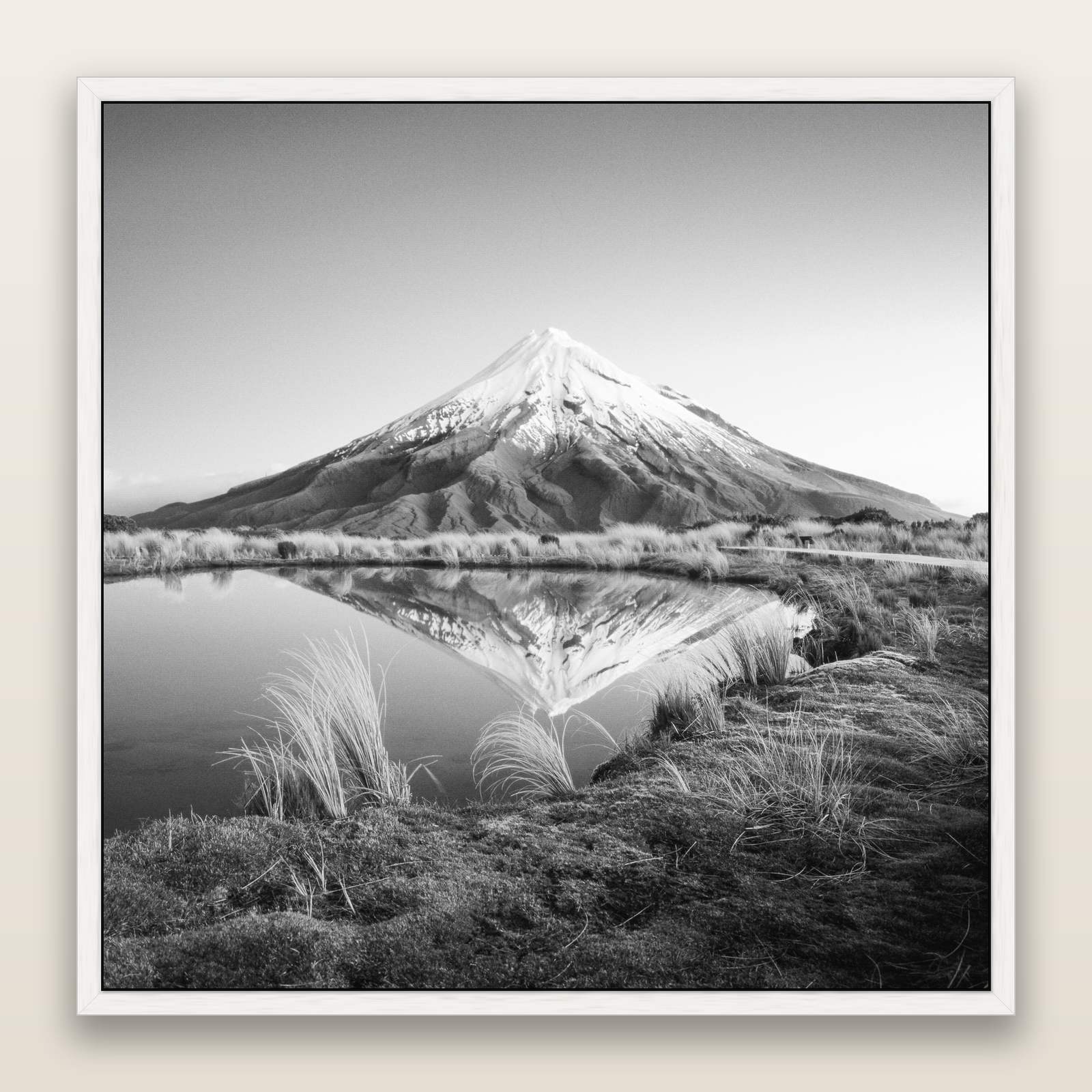 To a Point, Mount Taranaki, black and white framed metallic canvas print, White frame. New Zealand fine art wall art by Stephen Milner.