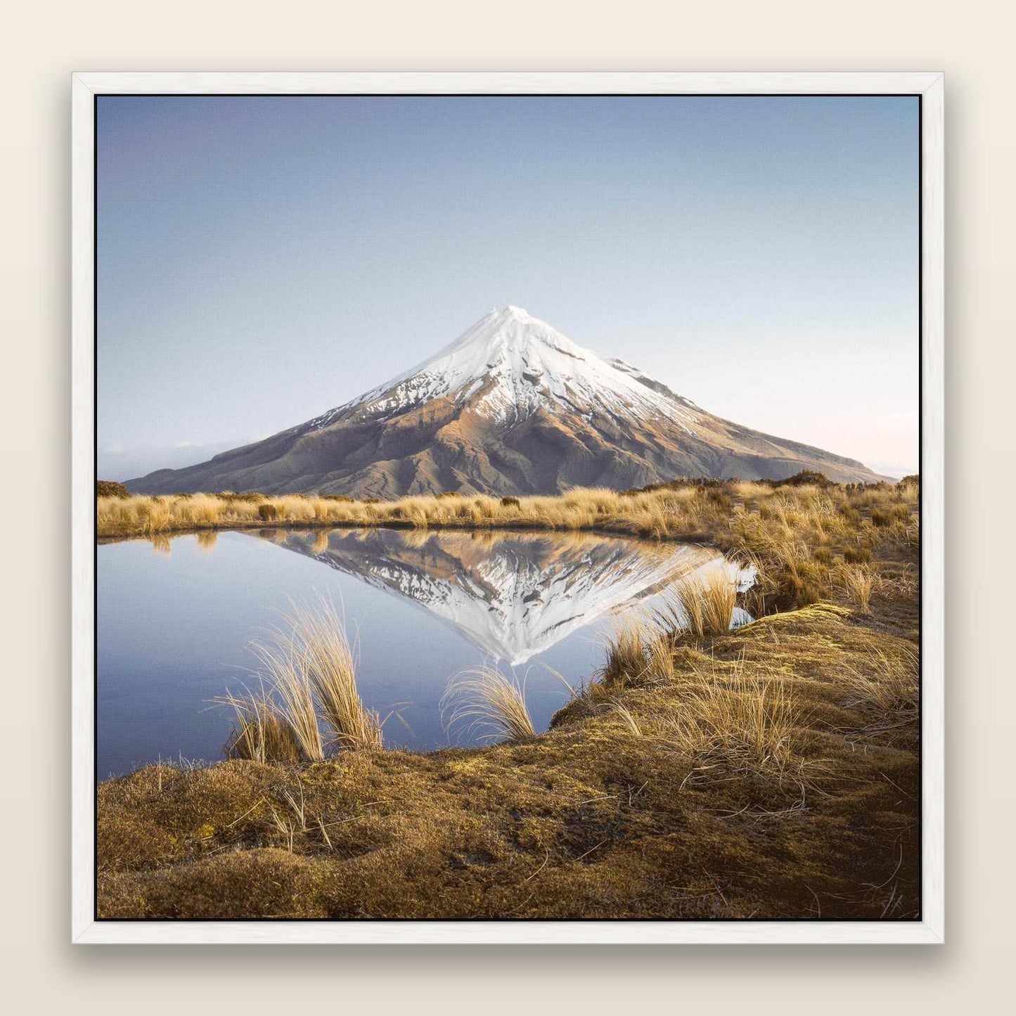 To a Point, Mount Taranaki — framed metallic canvas print, White frame. New Zealand fine art landscape wall art by Stephen Milner.