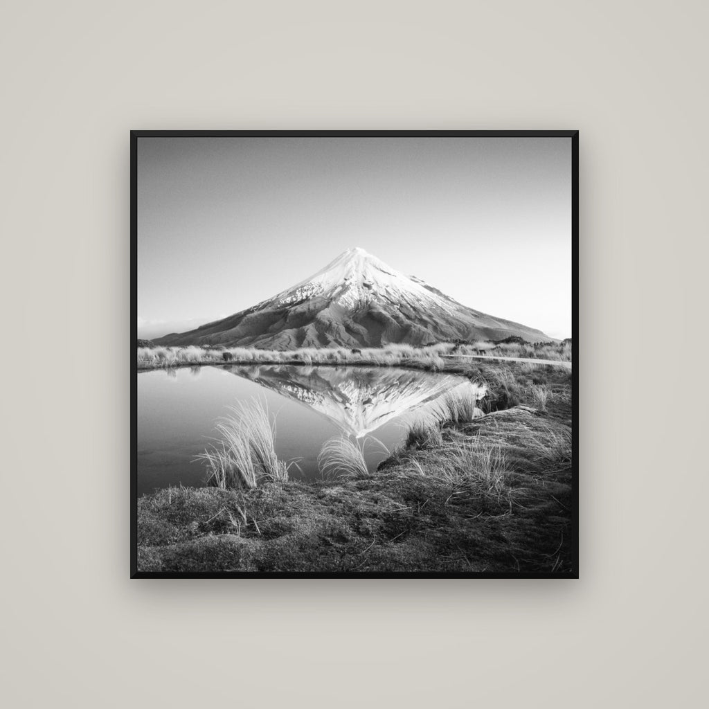 To a Point, Mount Taranaki — Basel Black Matte, 100×100 cm. New Zealand fine art wall art by Stephen Milner.