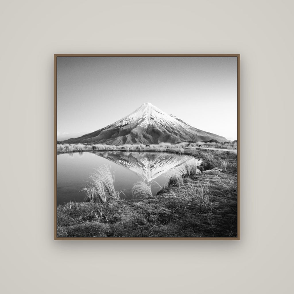 To a Point, Mount Taranaki, Basel Walnut, 100×100 cm. New Zealand fine art wall art by Stephen Milner.