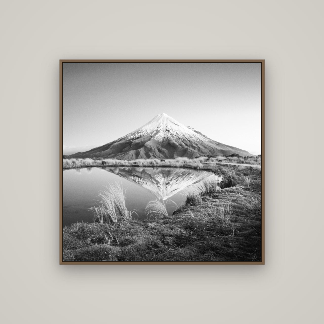 To a Point, Mount Taranaki, Basel Walnut, 100×100 cm. New Zealand fine art wall art by Stephen Milner.