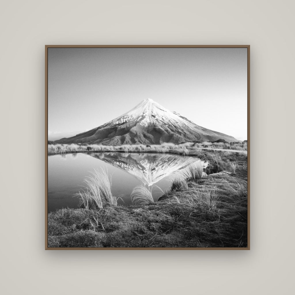 To a Point, Mount Taranaki, Basel Walnut, 120×120 cm. New Zealand fine art wall art by Stephen Milner.