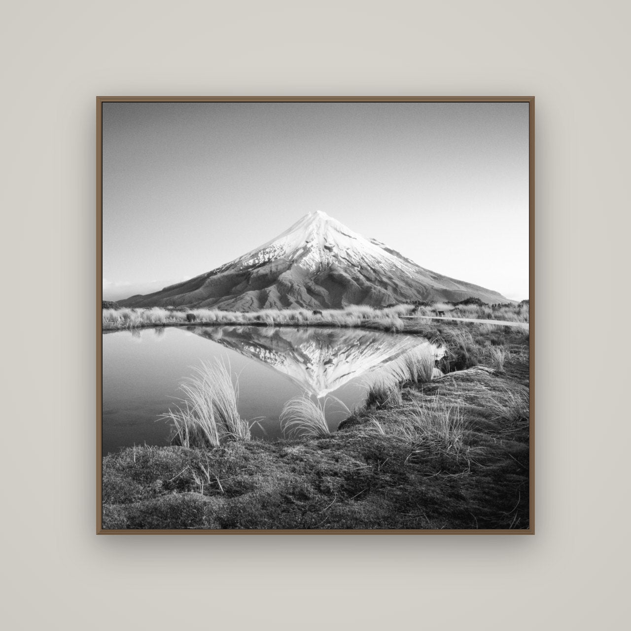 To a Point, Mount Taranaki, Basel Walnut, 120×120 cm. New Zealand fine art wall art by Stephen Milner.