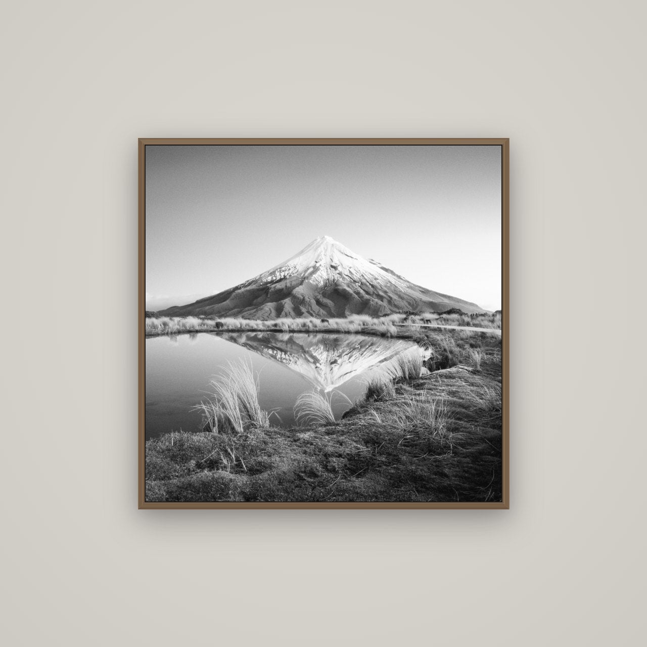 To a Point, Mount Taranaki, Basel Walnut, 80×80 cm. New Zealand fine art wall art by Stephen Milner.