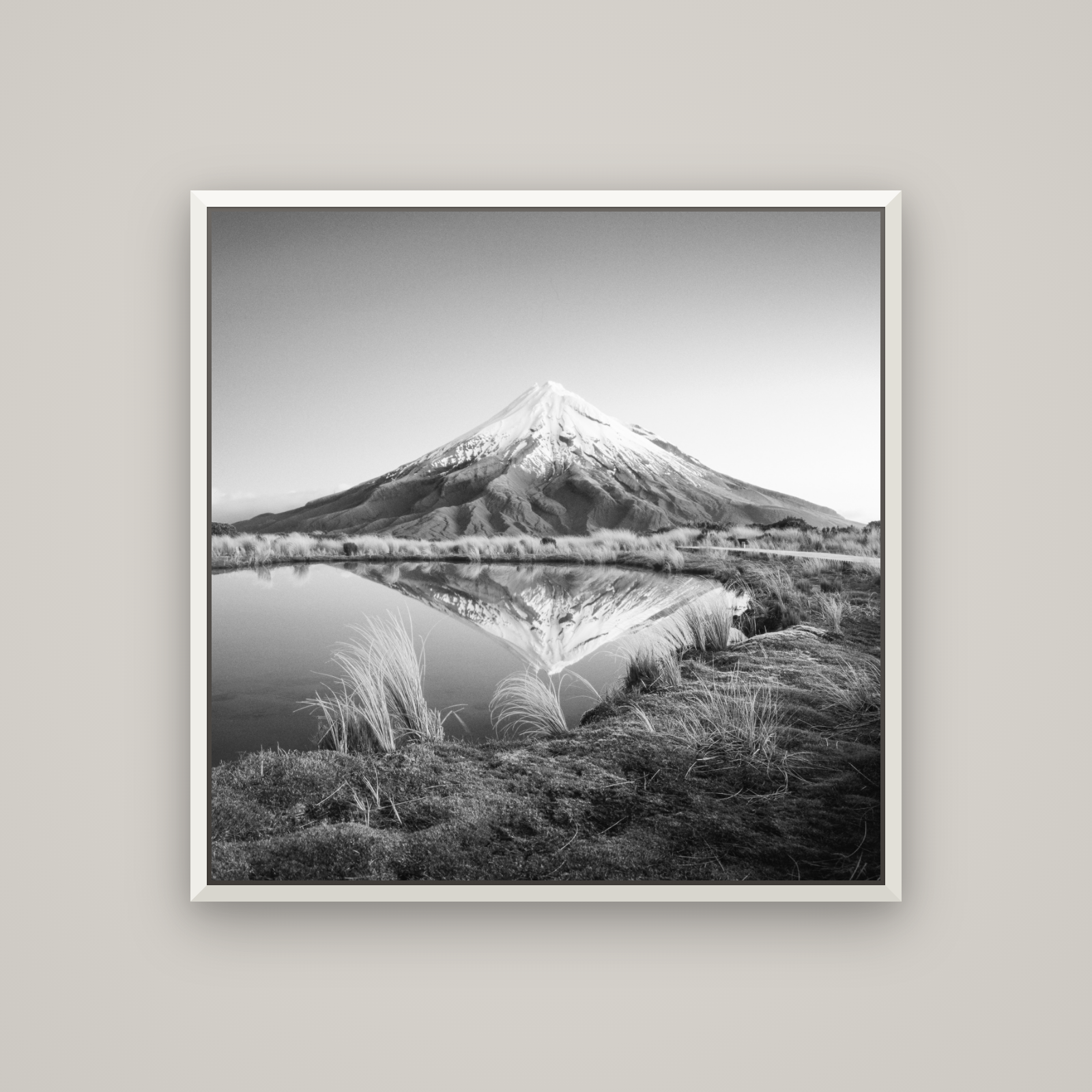 To a Point, Mount Taranaki — Basel White, 100×100 cm. New Zealand fine art wall art by Stephen Milner.