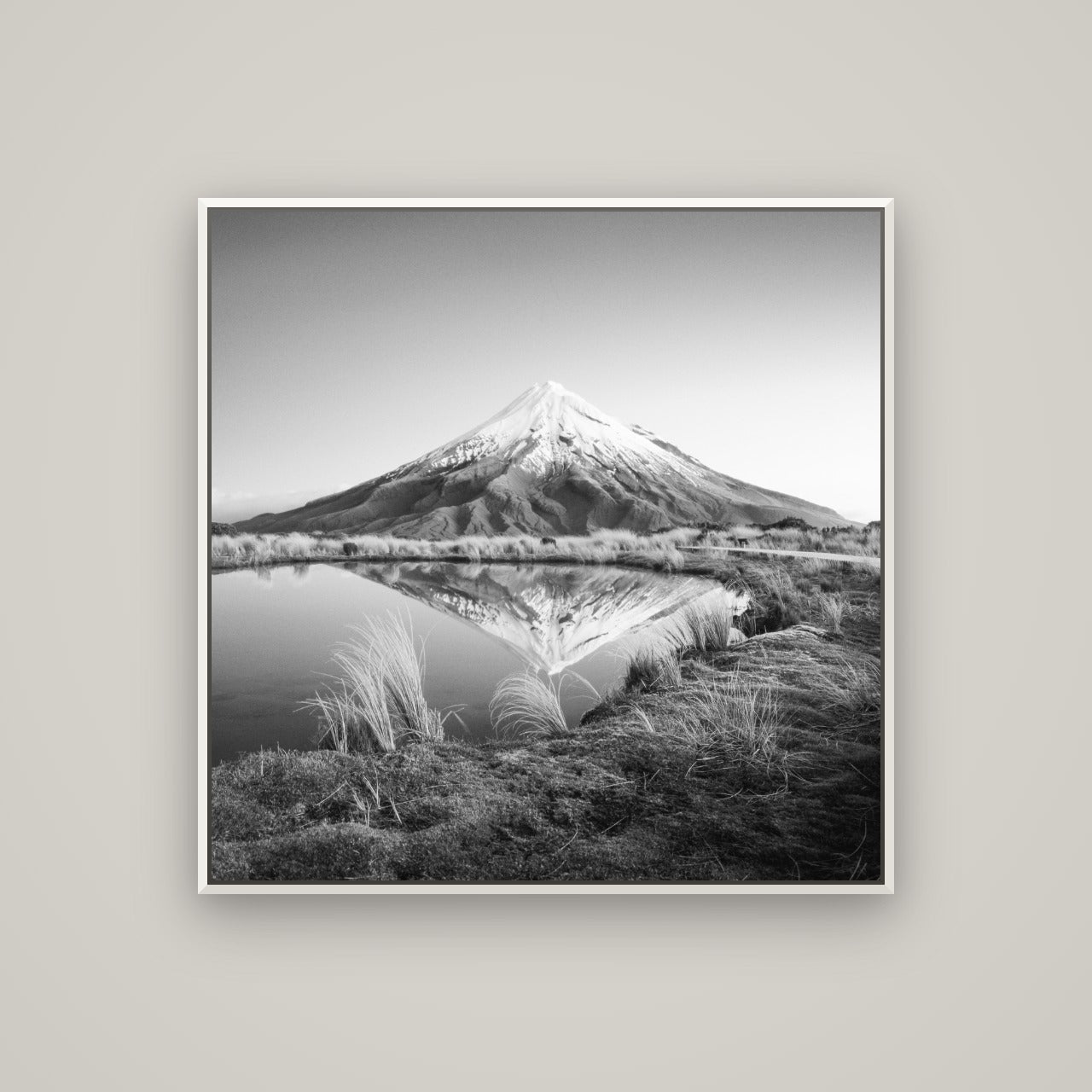 To a Point, Mount Taranaki — Basel White, 100×100 cm. New Zealand fine art wall art by Stephen Milner.