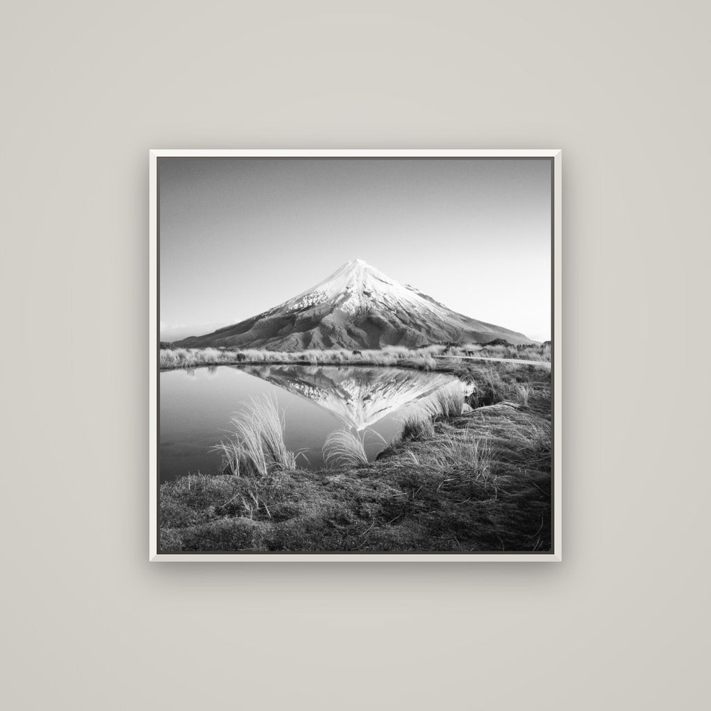 To a Point, Mount Taranaki — Basel White, 80×80 cm. New Zealand fine art wall art by Stephen Milner.