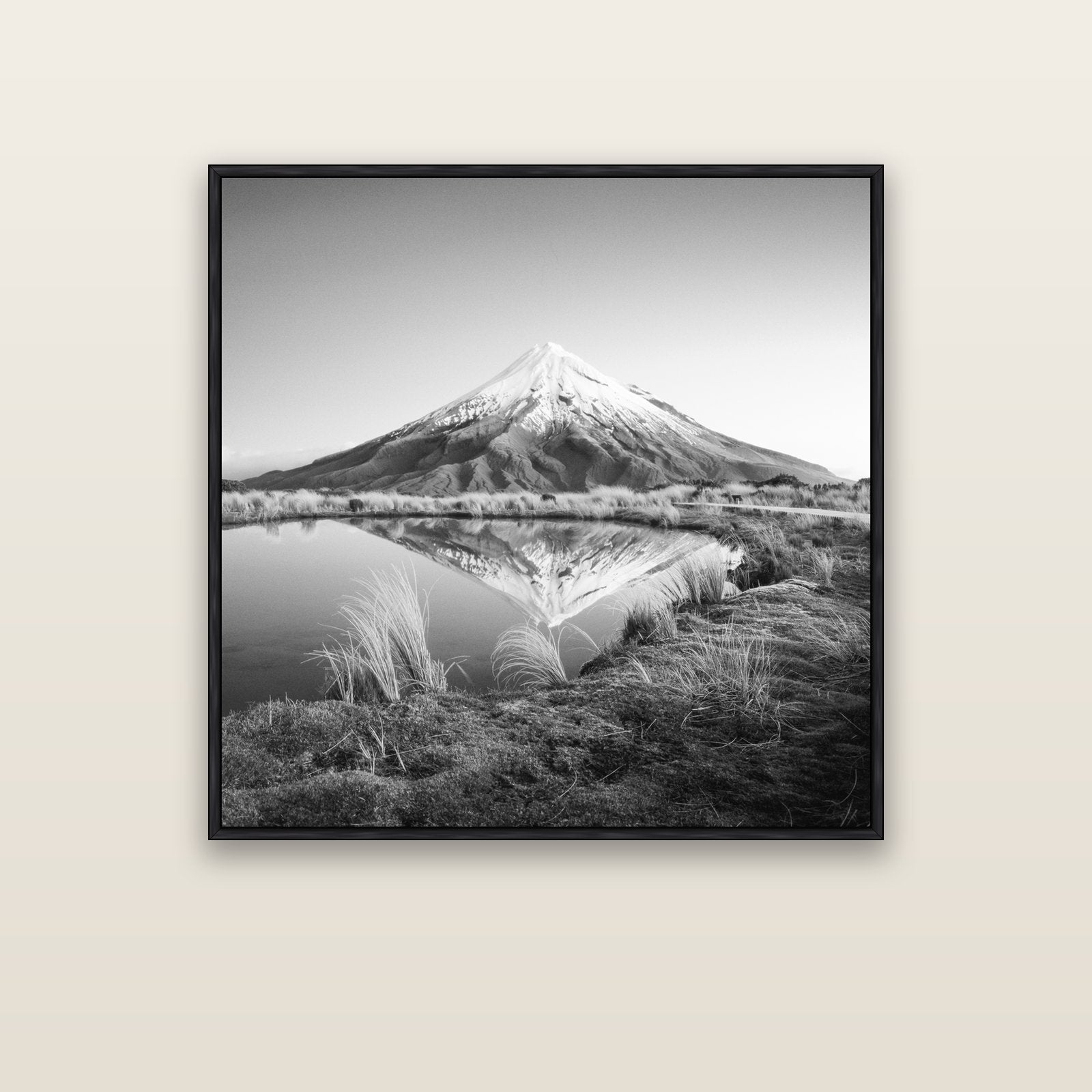 To a Point, Mount Taranaki — black float frame canvas, 102 × 102 cm. New Zealand fine art landscape wall art by Stephen Milner.
