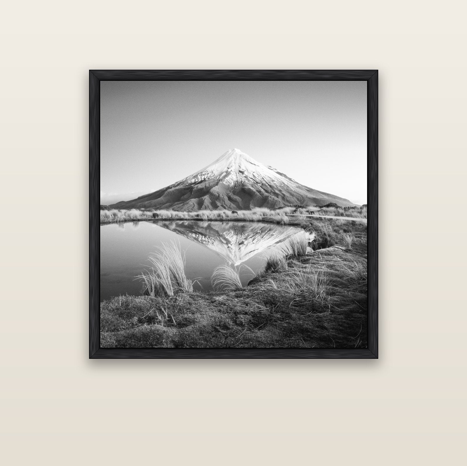 To a Point, Mount Taranaki — black float frame canvas, 102 × 102 cm. New Zealand fine art landscape wall art by Stephen Milner.