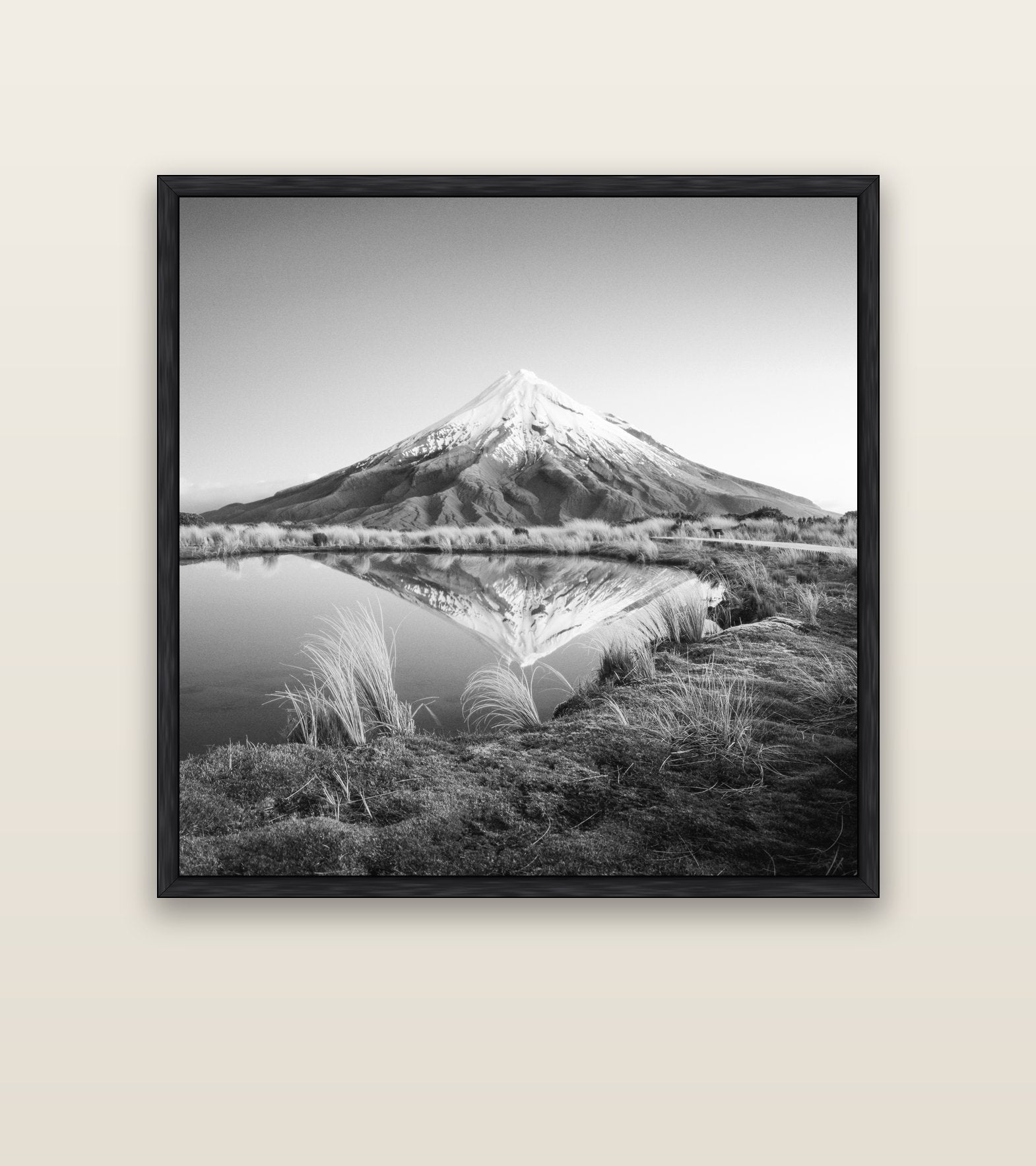 To a Point, Mount Taranaki — black float frame canvas, 127 × 127 cm. New Zealand fine art landscape wall art by Stephen Milner.