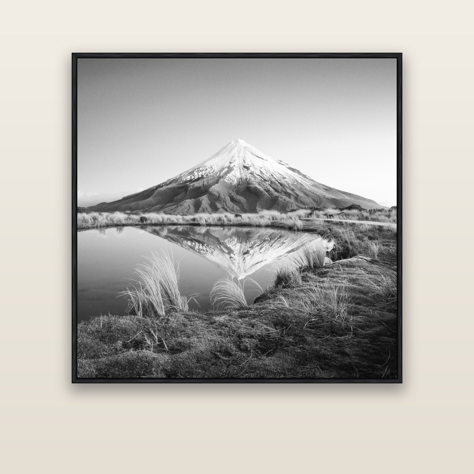 To a Point, Mount Taranaki — black float frame canvas, 127 × 127 cm. New Zealand fine art landscape wall art by Stephen Milner.