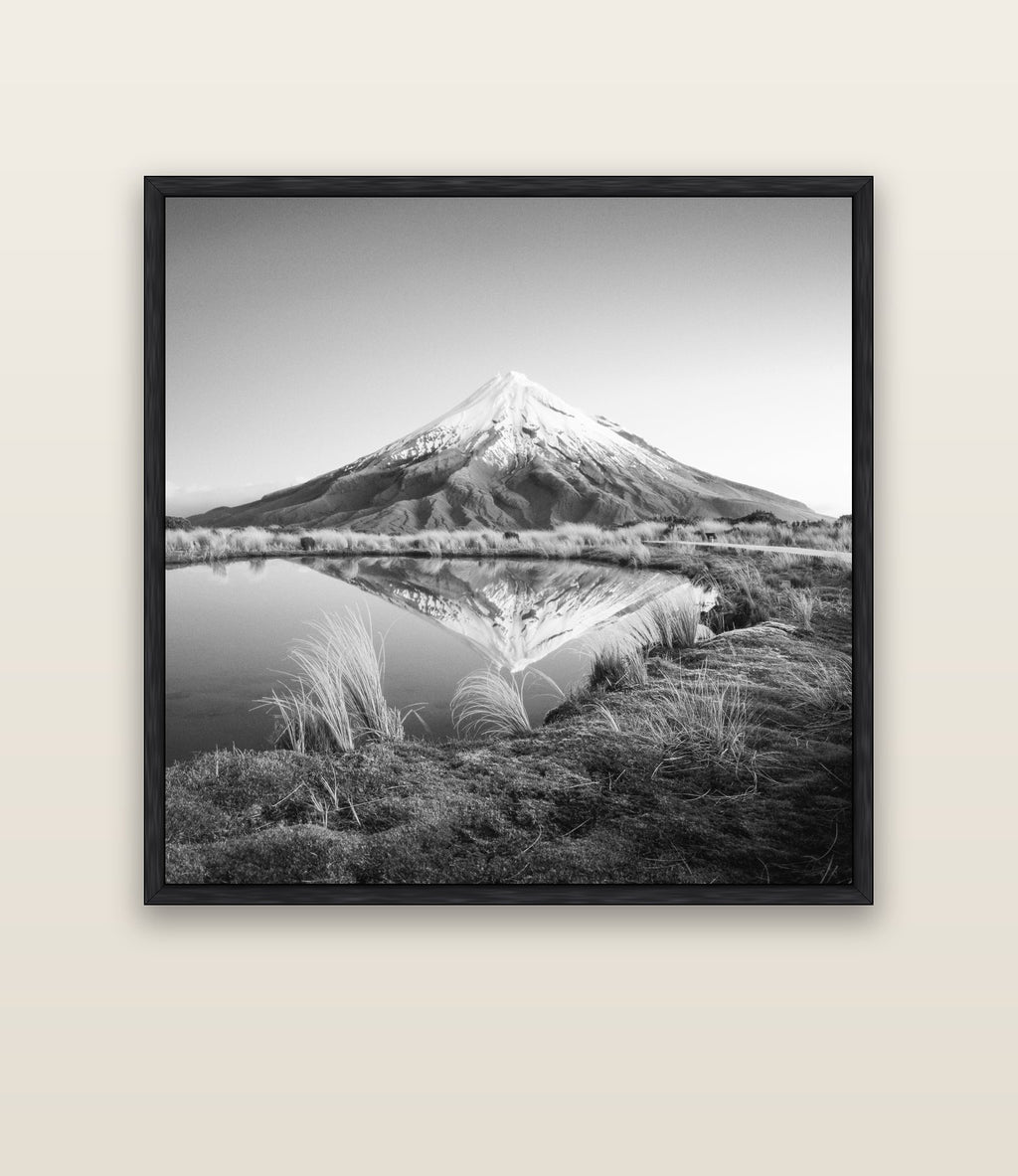 To a Point, Mount Taranaki — black float frame canvas, 133 × 133 cm. New Zealand fine art landscape wall art by Stephen Milner.