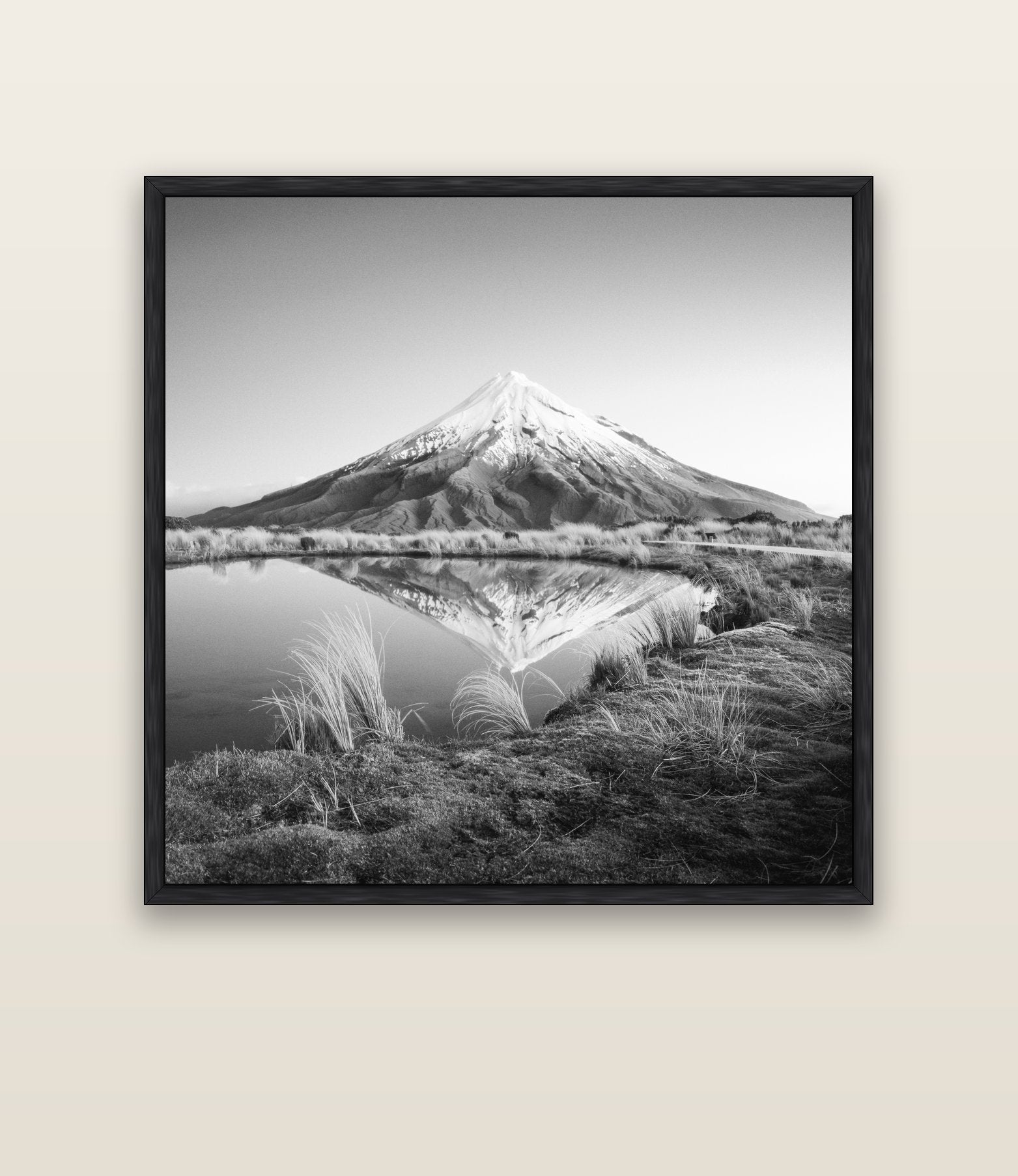 To a Point, Mount Taranaki — black float frame canvas, 133 × 133 cm. New Zealand fine art landscape wall art by Stephen Milner.