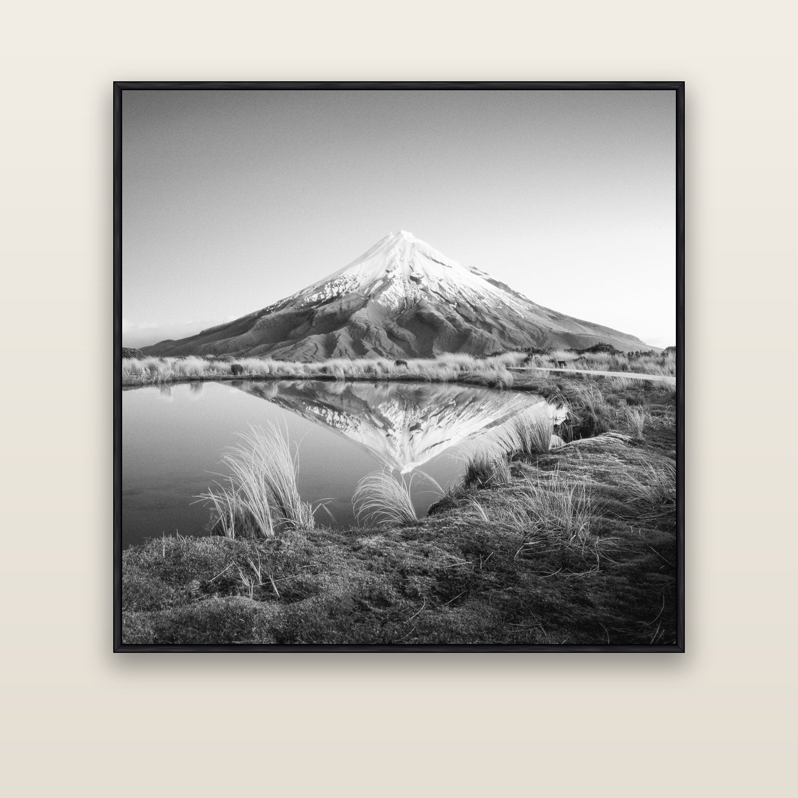 To a Point, Mount Taranaki — black float frame canvas, 133 × 133 cm. New Zealand fine art landscape wall art by Stephen Milner.