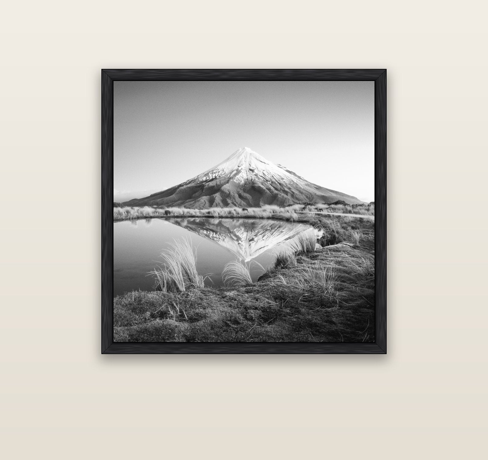 To a Point, Mount Taranaki — black float frame canvas, 91 × 91 cm. New Zealand fine art landscape wall art by Stephen Milner.