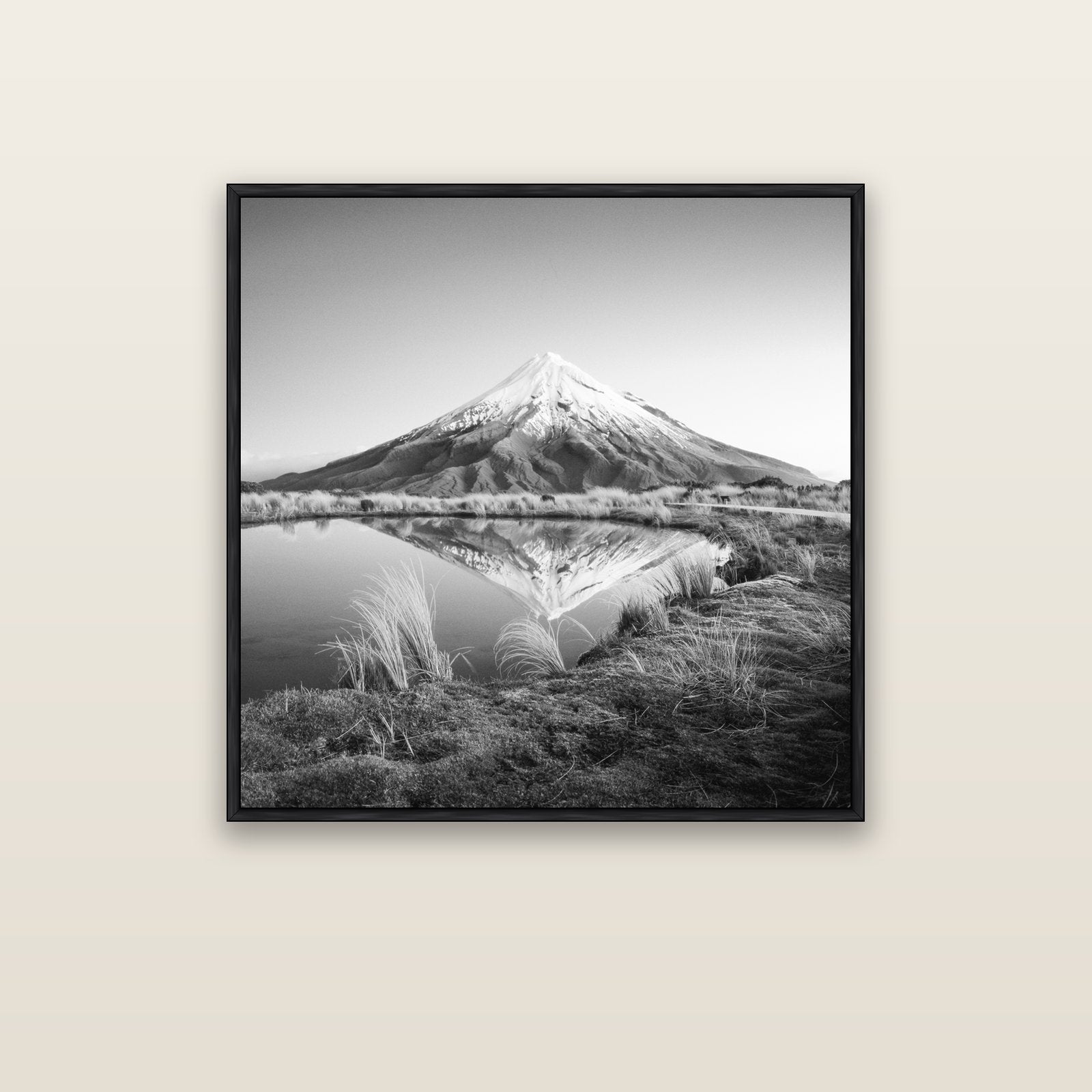 To a Point, Mount Taranaki — black float frame canvas, 91 × 91 cm. New Zealand fine art landscape wall art by Stephen Milner.