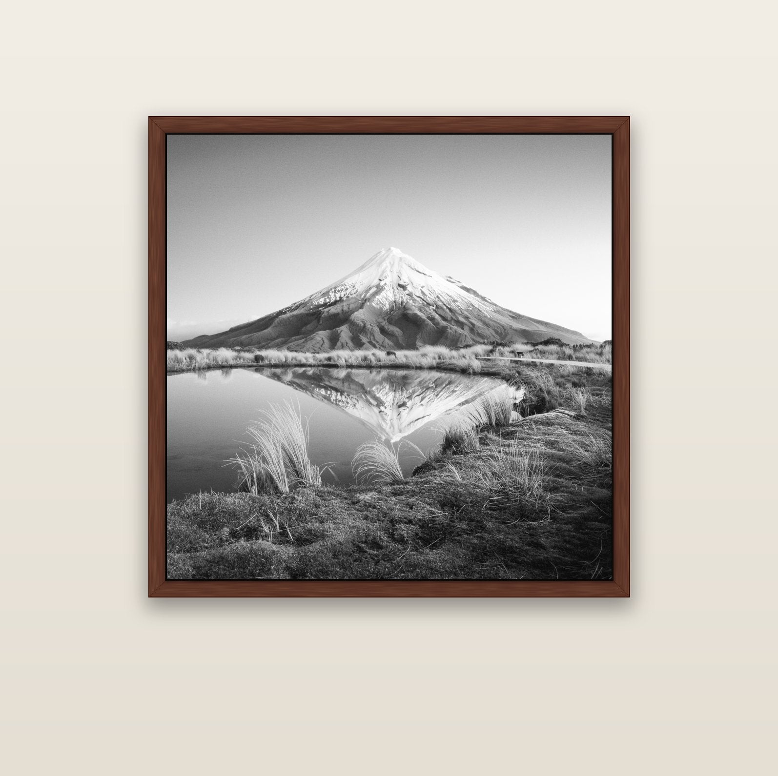 To a Point, Mount Taranaki — brown float frame canvas, 102 × 102 cm. New Zealand fine art landscape wall art by Stephen Milner.