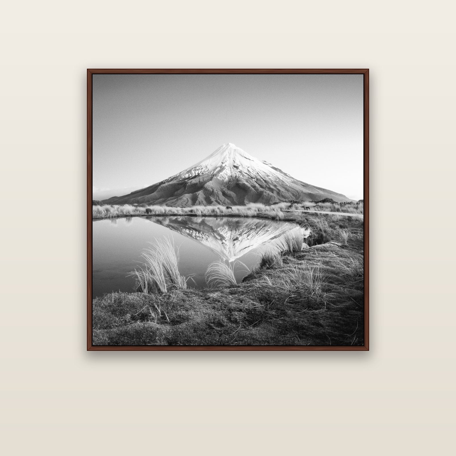 To a Point, Mount Taranaki — brown float frame canvas, 102 × 102 cm. New Zealand fine art landscape wall art by Stephen Milner.