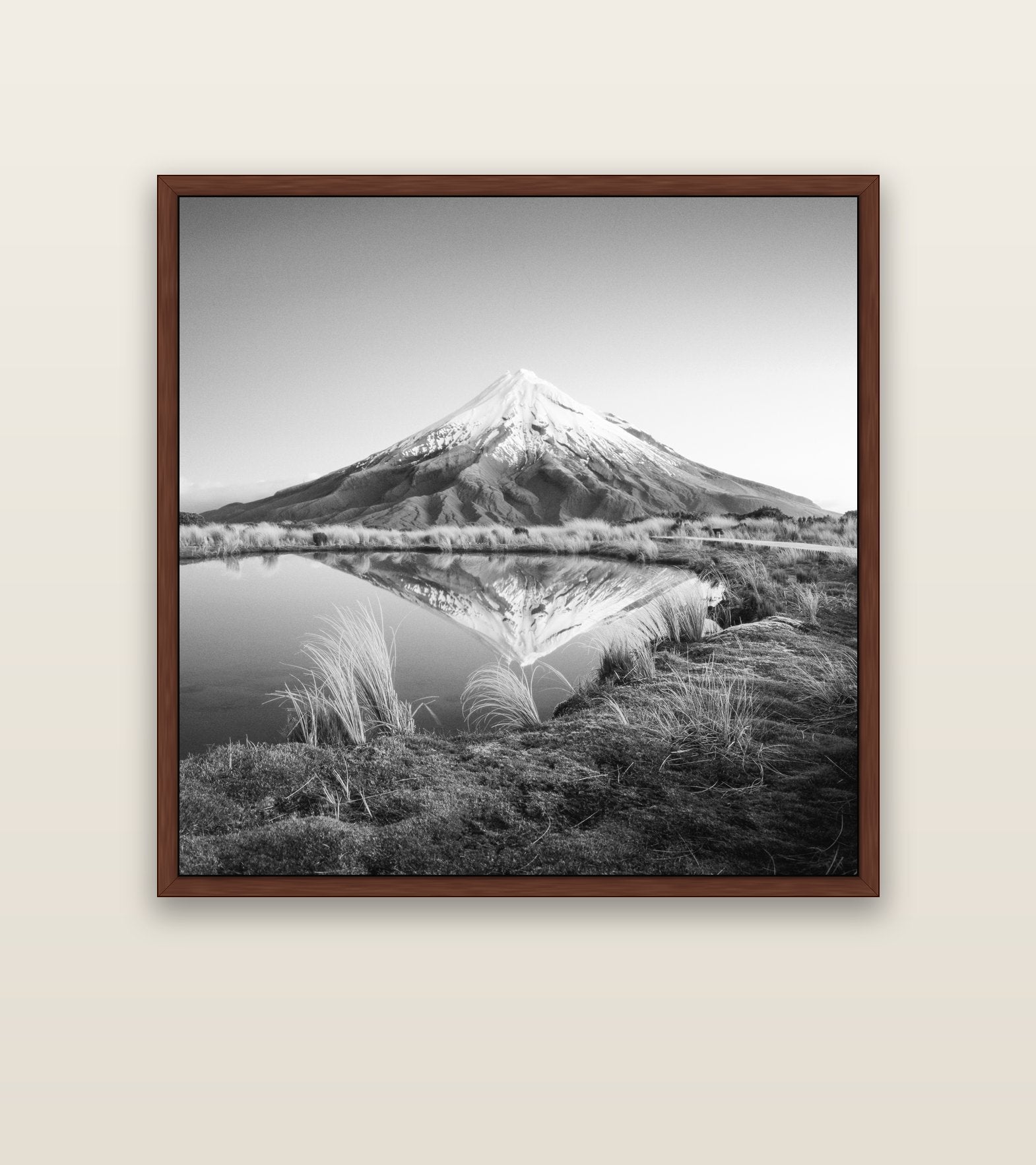 To a Point, Mount Taranaki — brown float frame canvas, 127 × 127 cm. New Zealand fine art landscape wall art by Stephen Milner.