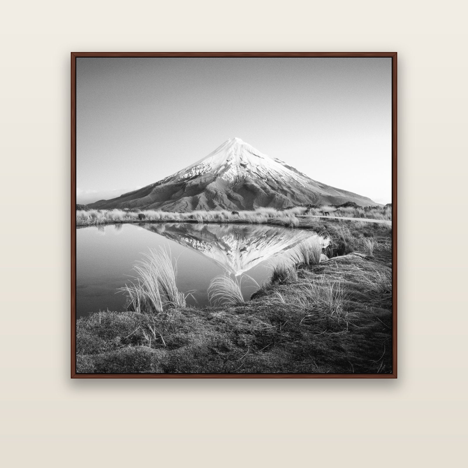To a Point, Mount Taranaki — brown float frame canvas, 127 × 127 cm. New Zealand fine art landscape wall art by Stephen Milner.
