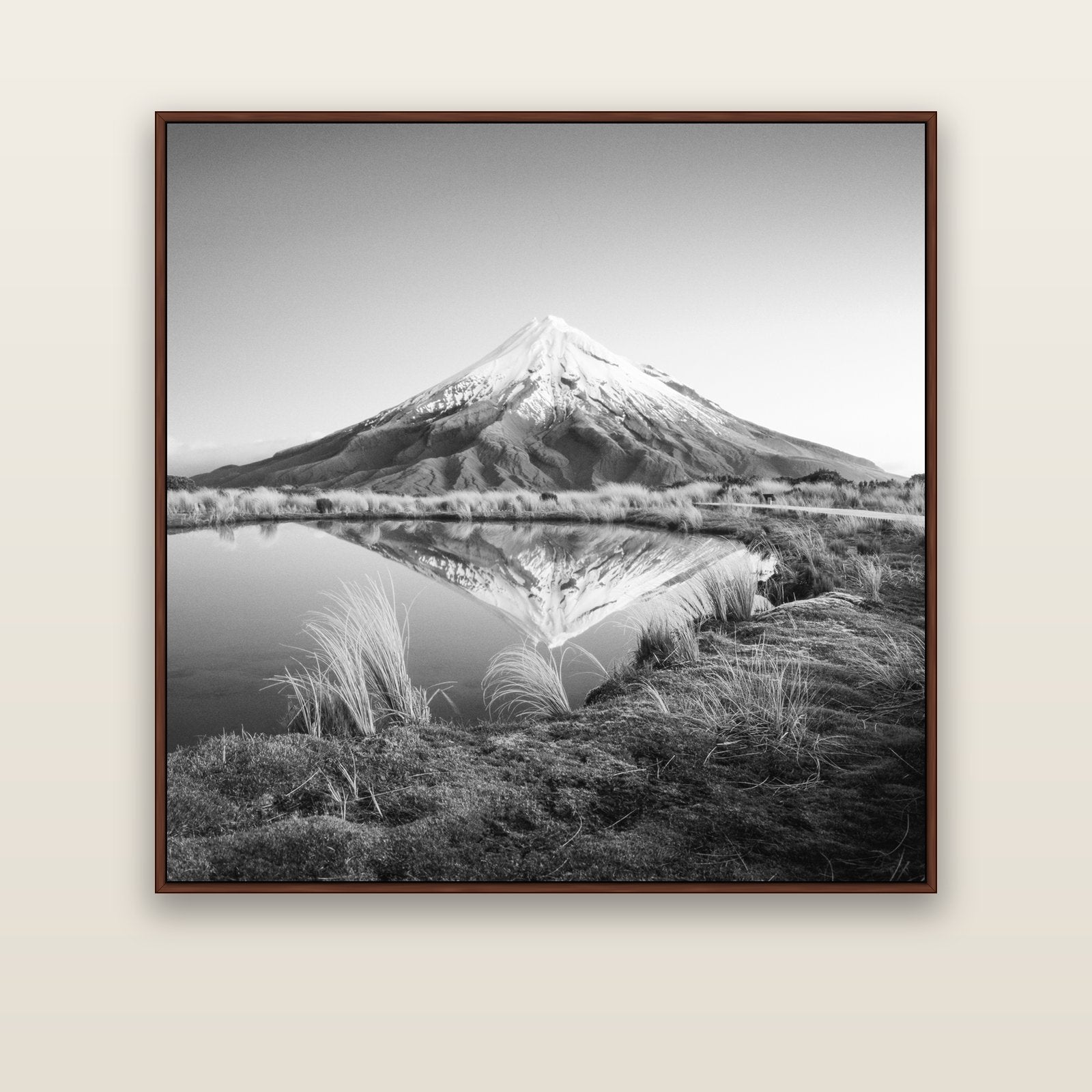 To a Point, Mount Taranaki — brown float frame canvas, 133 × 133 cm. New Zealand fine art landscape wall art by Stephen Milner.