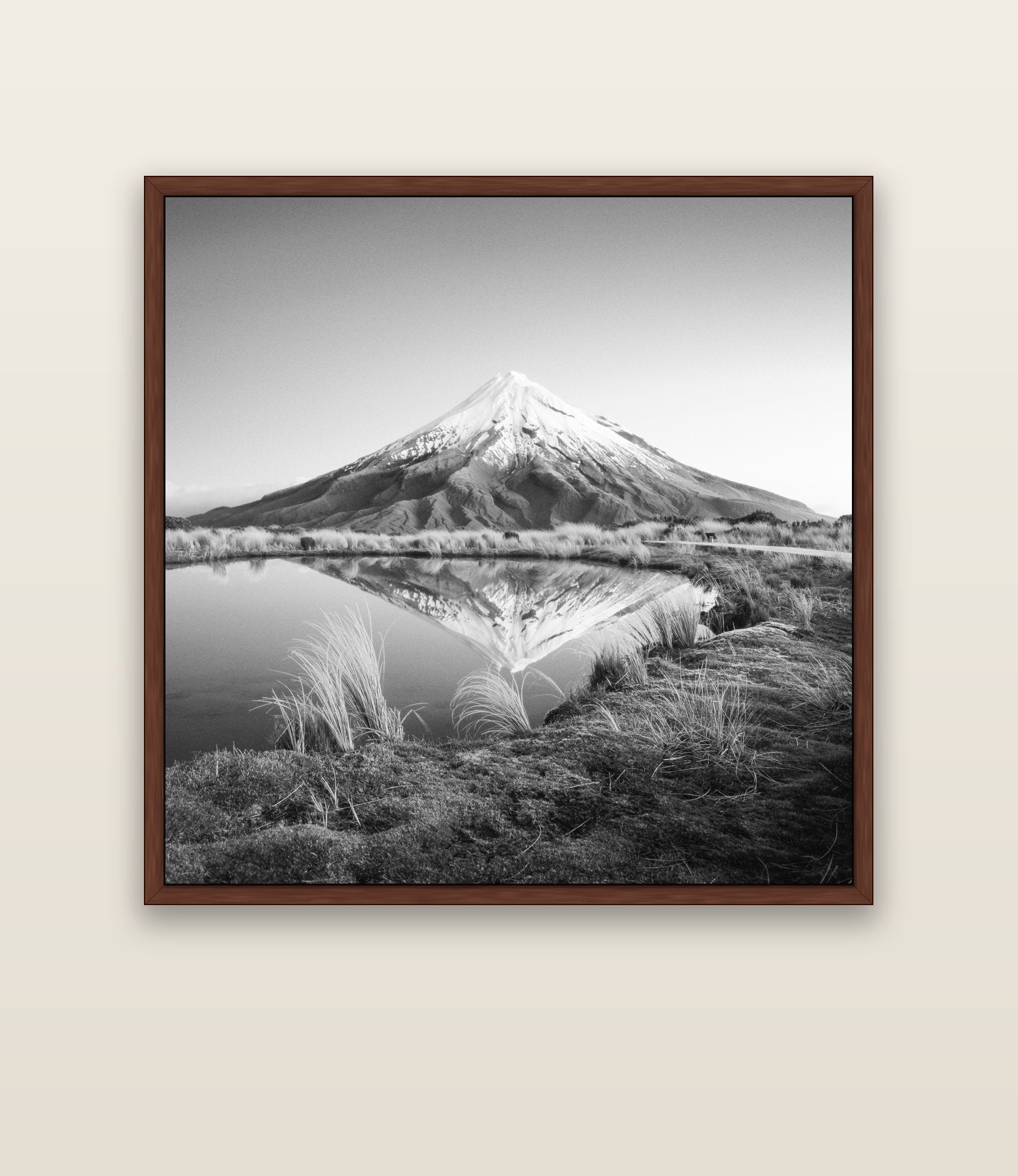To a Point, Mount Taranaki — brown float frame canvas, 133 × 133 cm. New Zealand fine art landscape wall art by Stephen Milner.